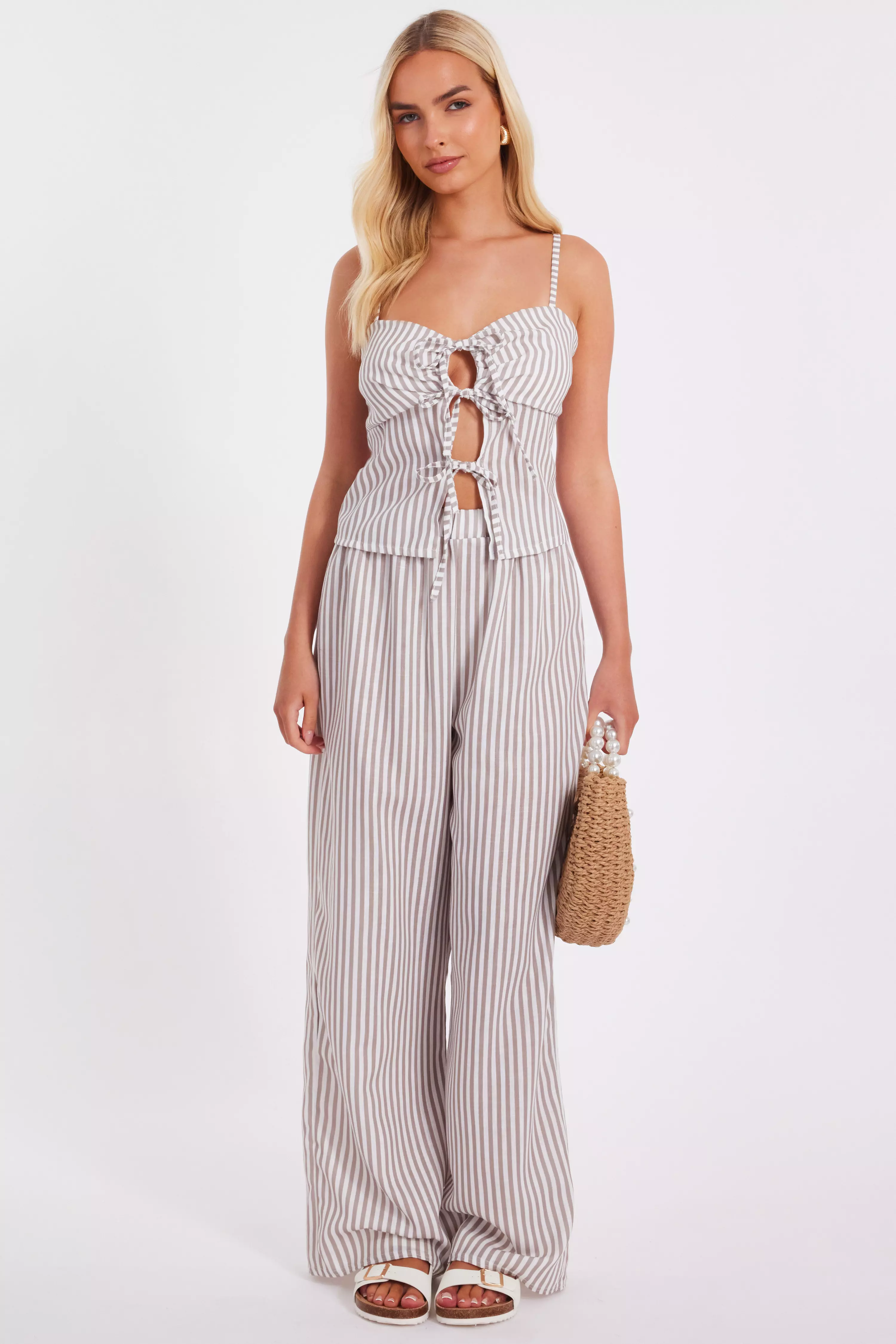 Stone Striped Tie Front Top