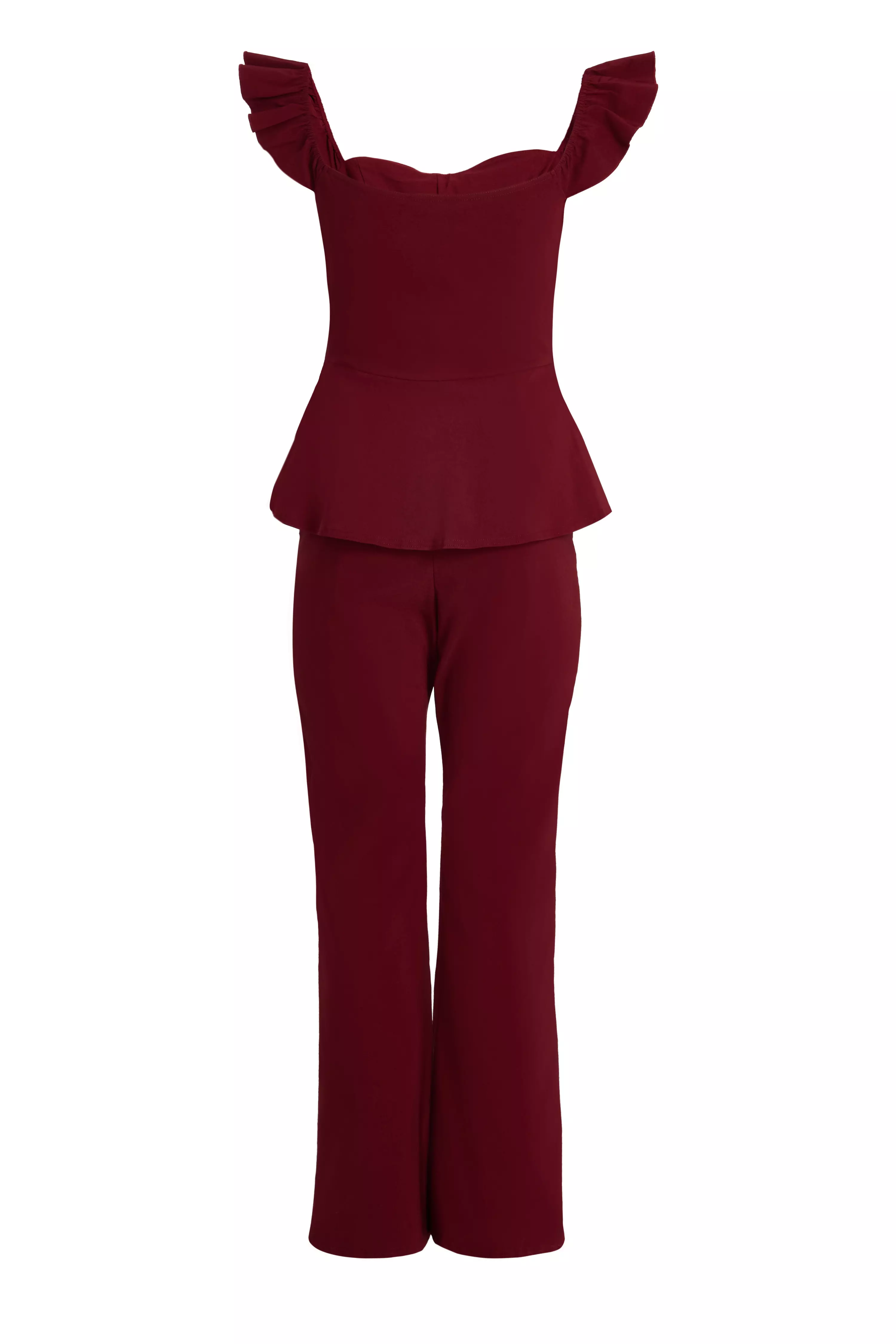 Dark Red Frill Sleeve Jumpsuit