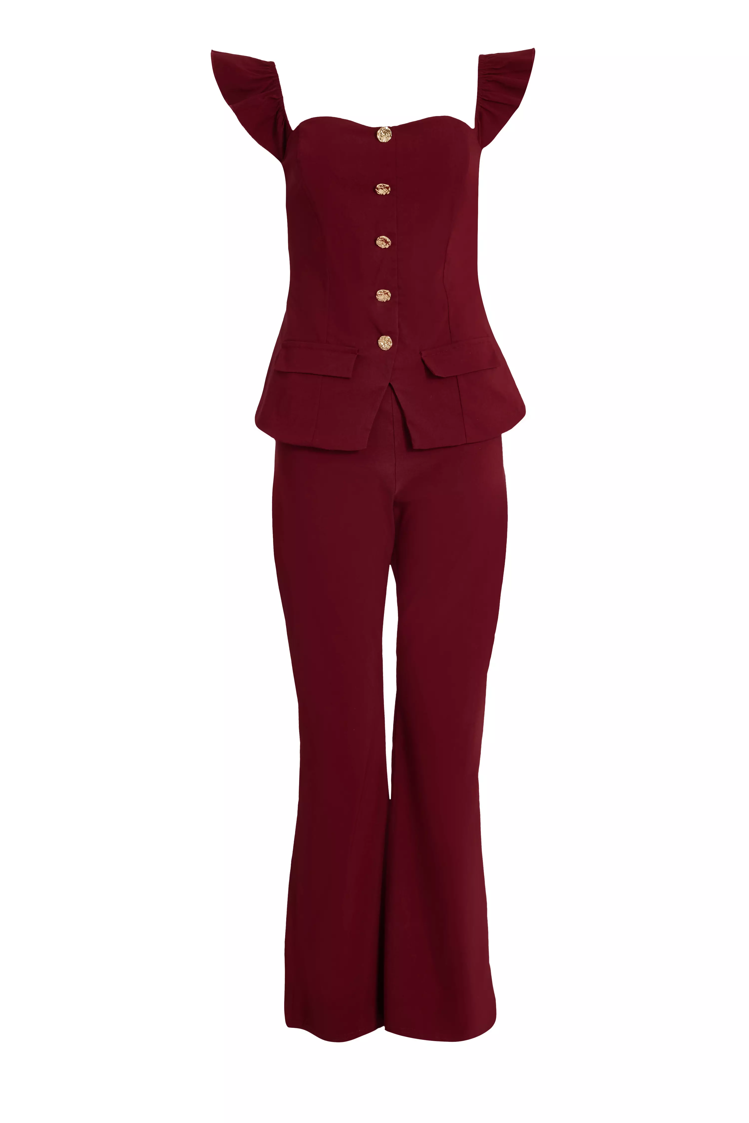 Dark Red Frill Sleeve Jumpsuit