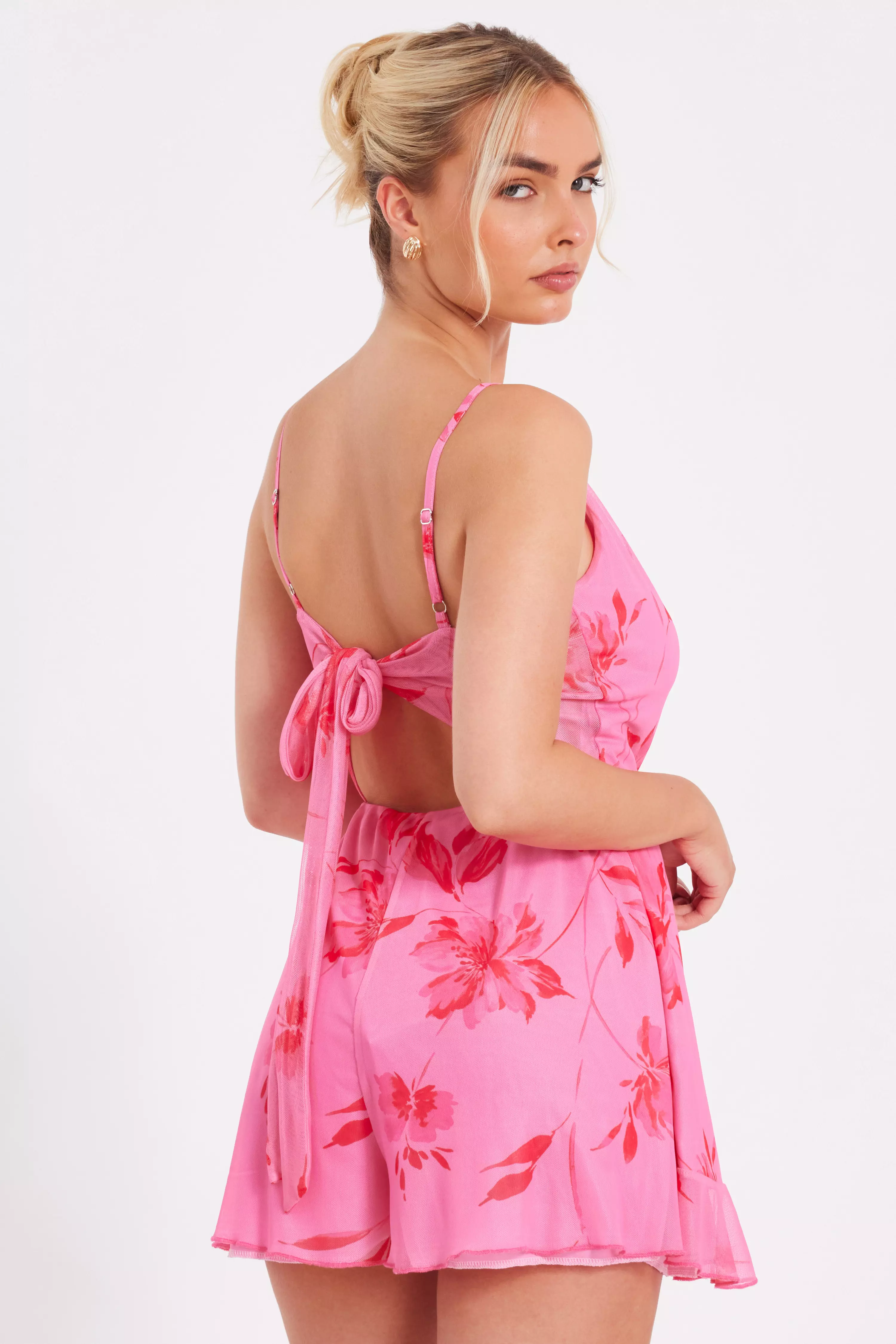 Pink Mesh Floral Playsuit