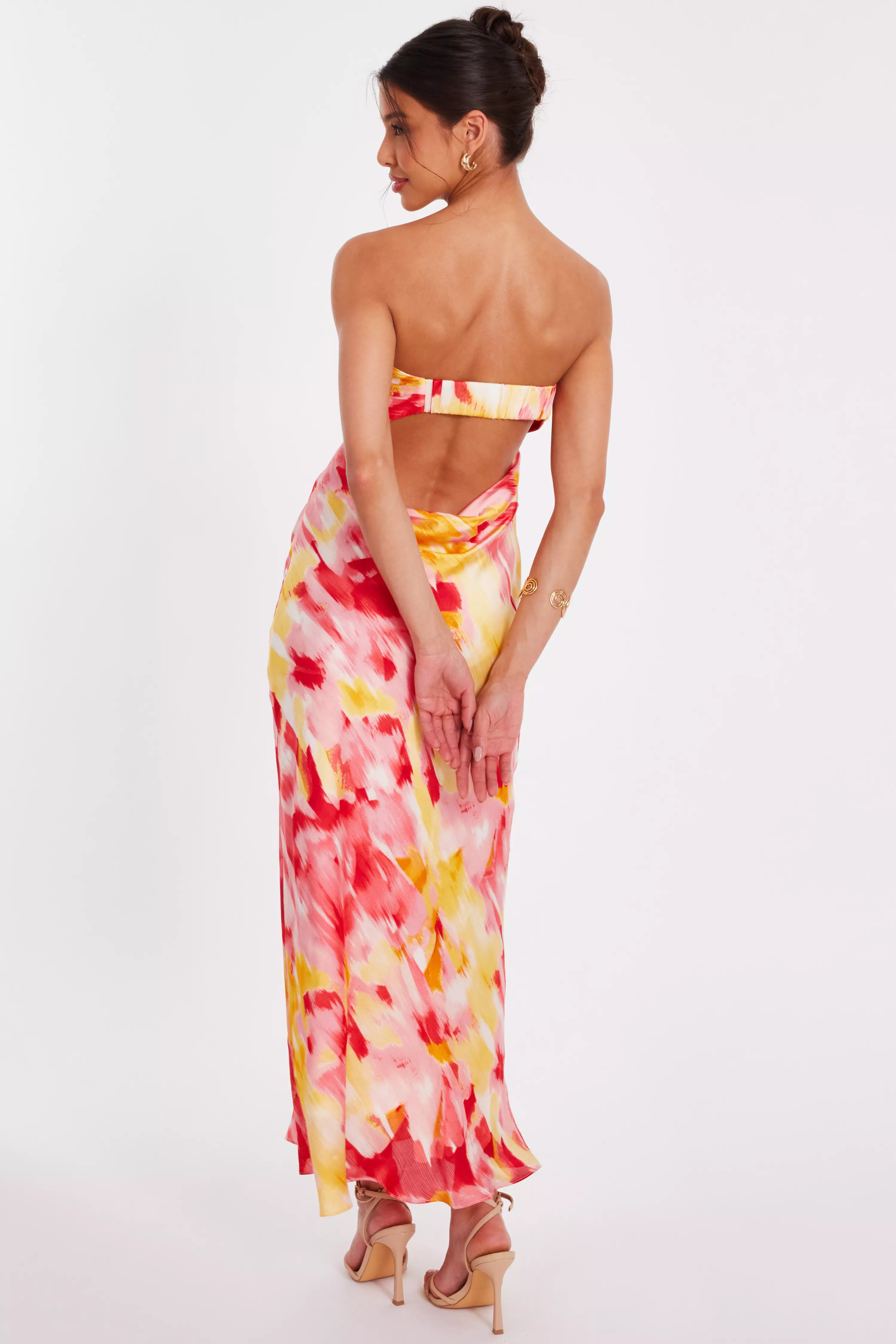 Pink Satin Floral Smudge Maxi Dress