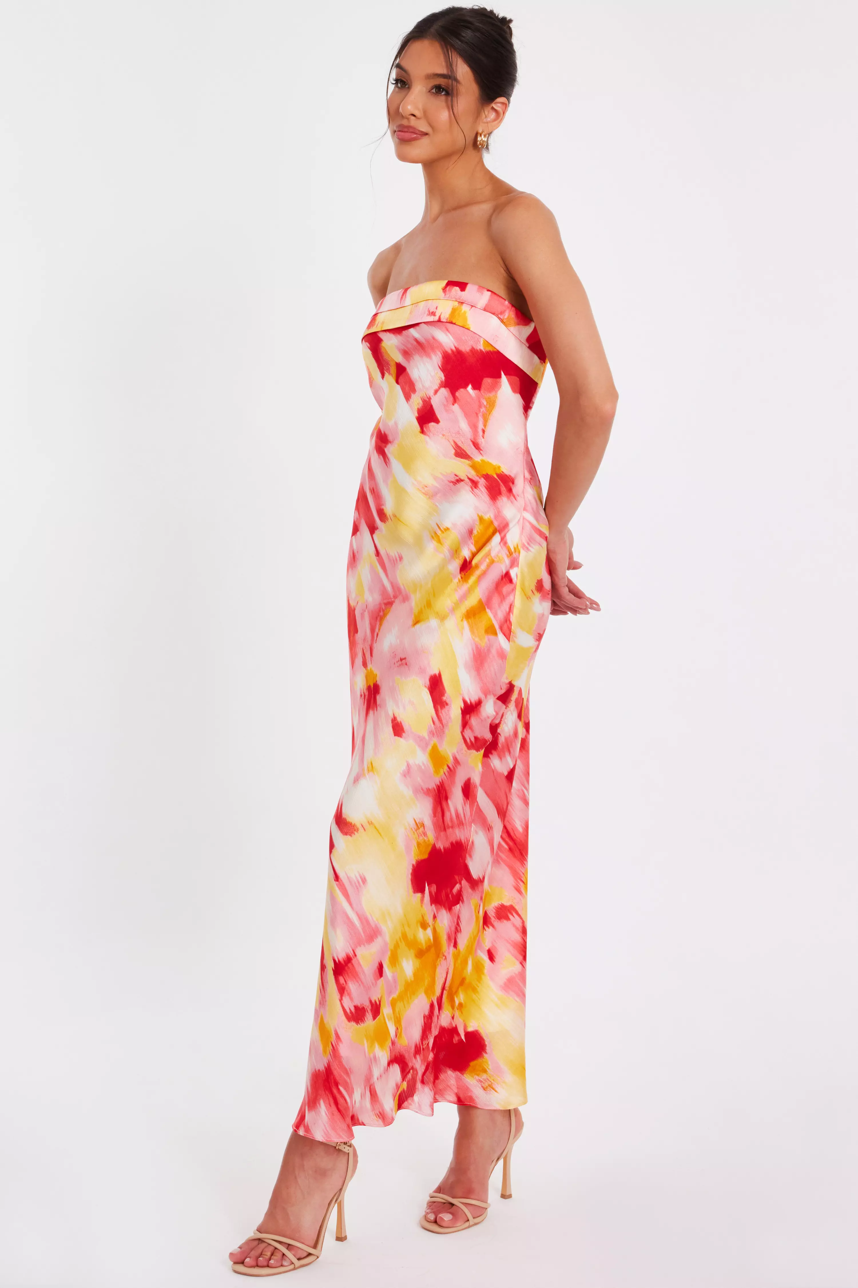 Pink Satin Floral Smudge Maxi Dress