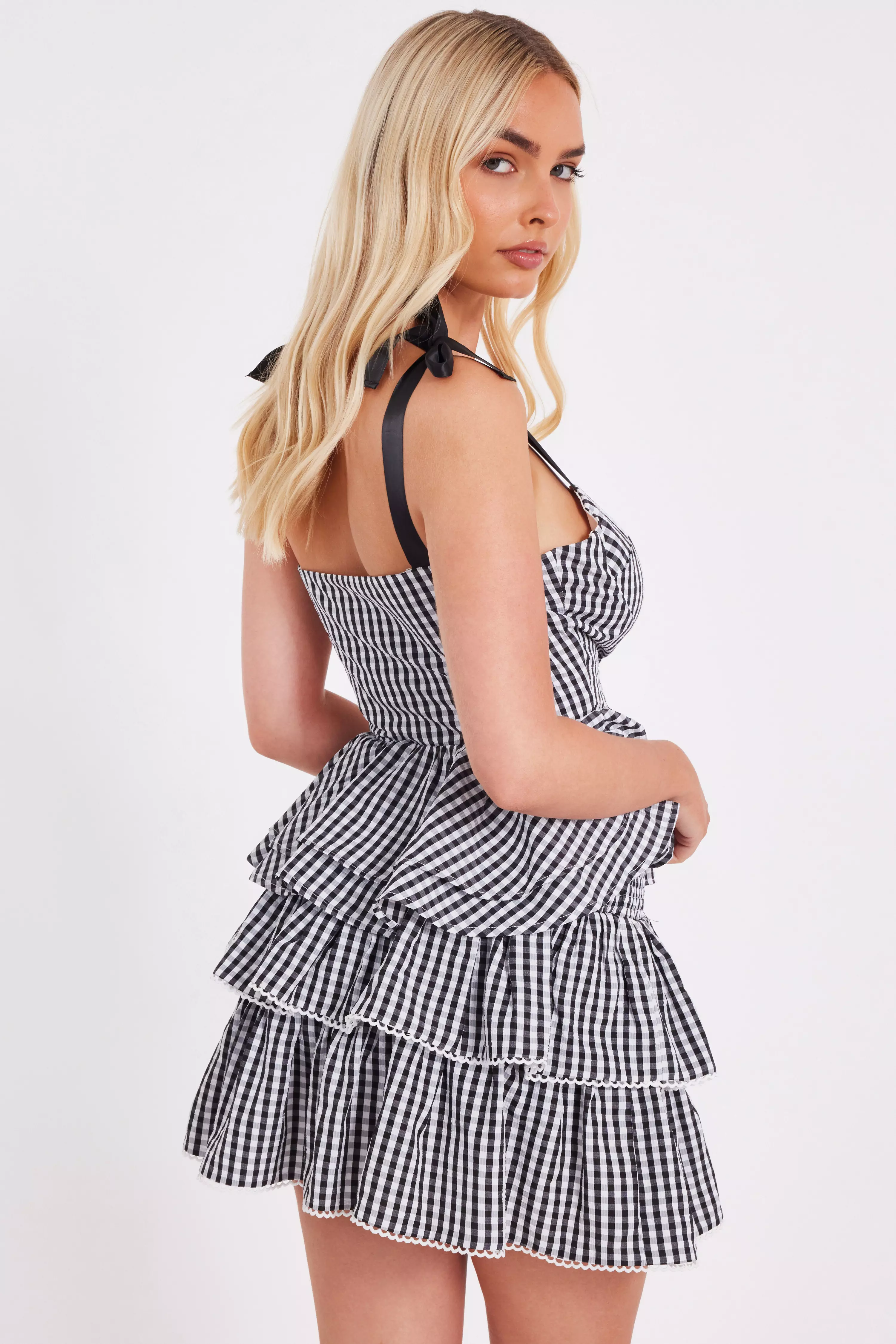 Black Gingham Tiered Mini Skirt