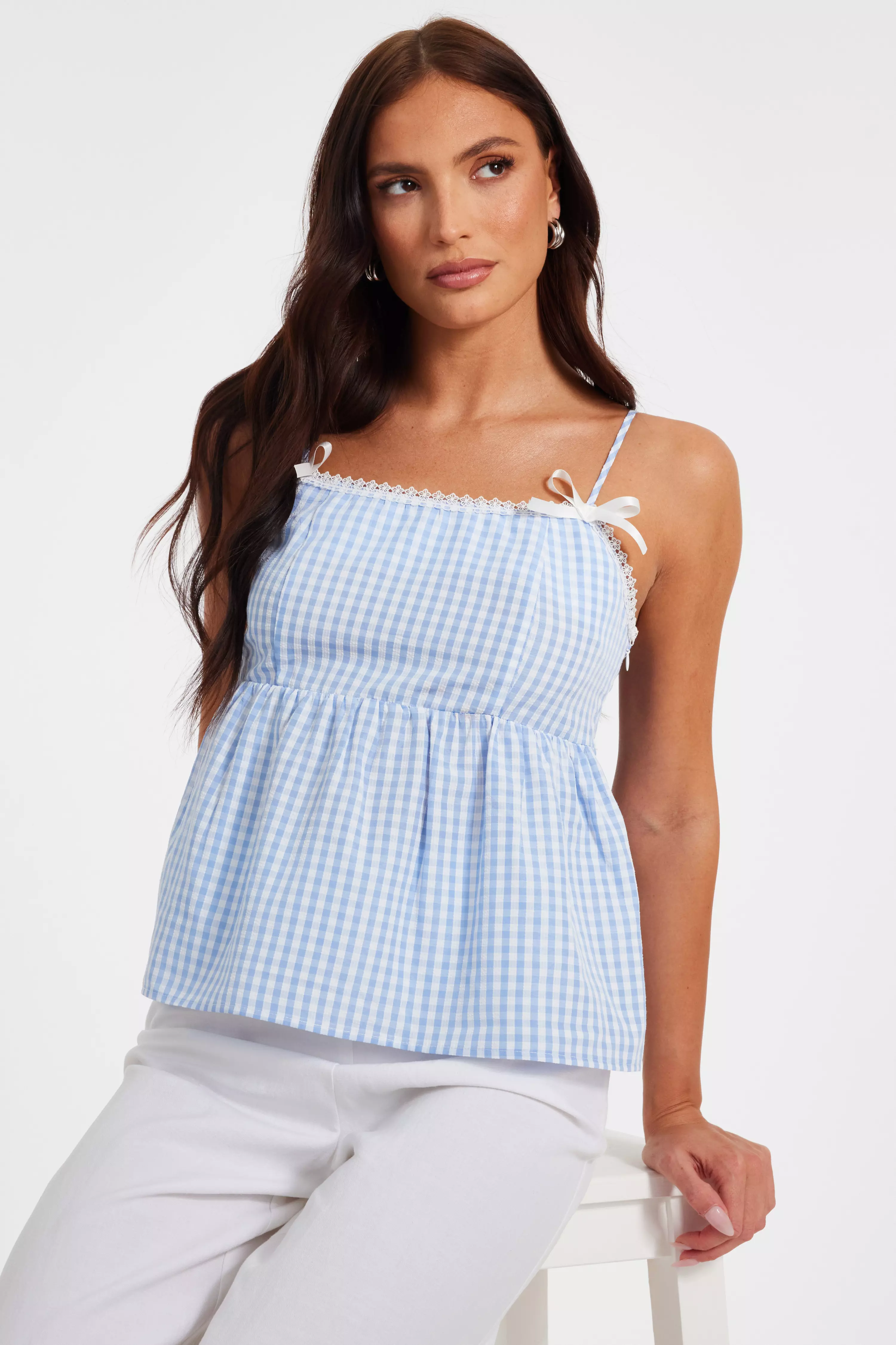 Blue Gingham Strappy Peplum Top