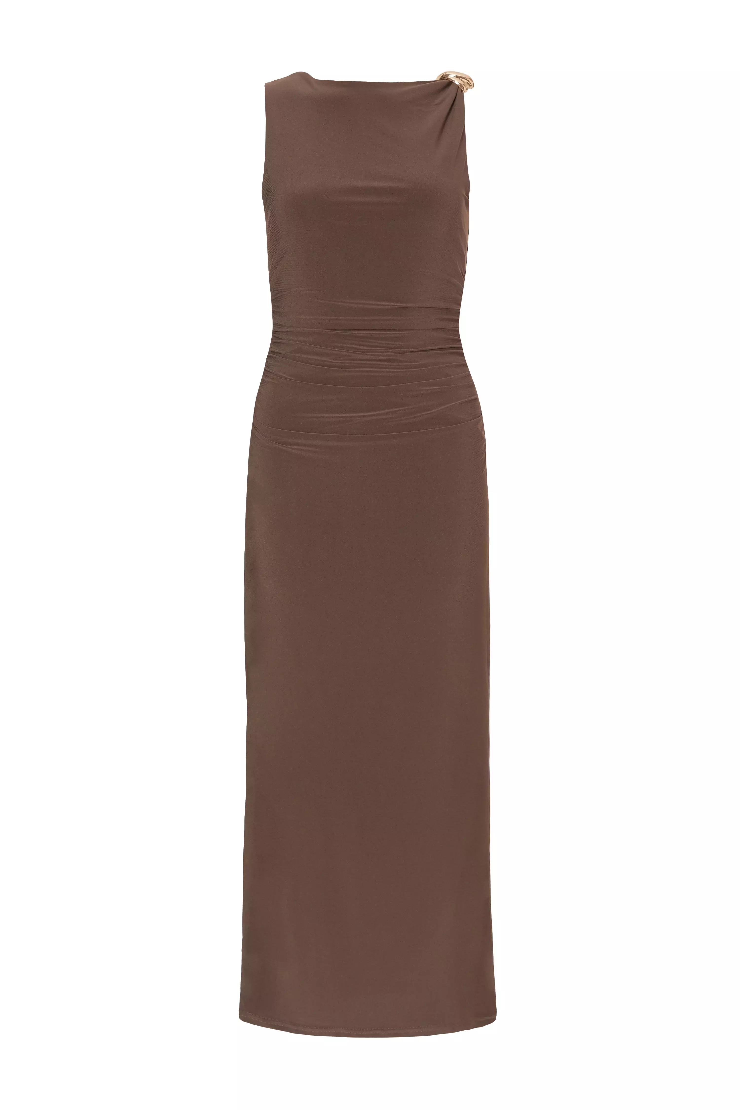 Brown Gold Buckle Midaxi Dress