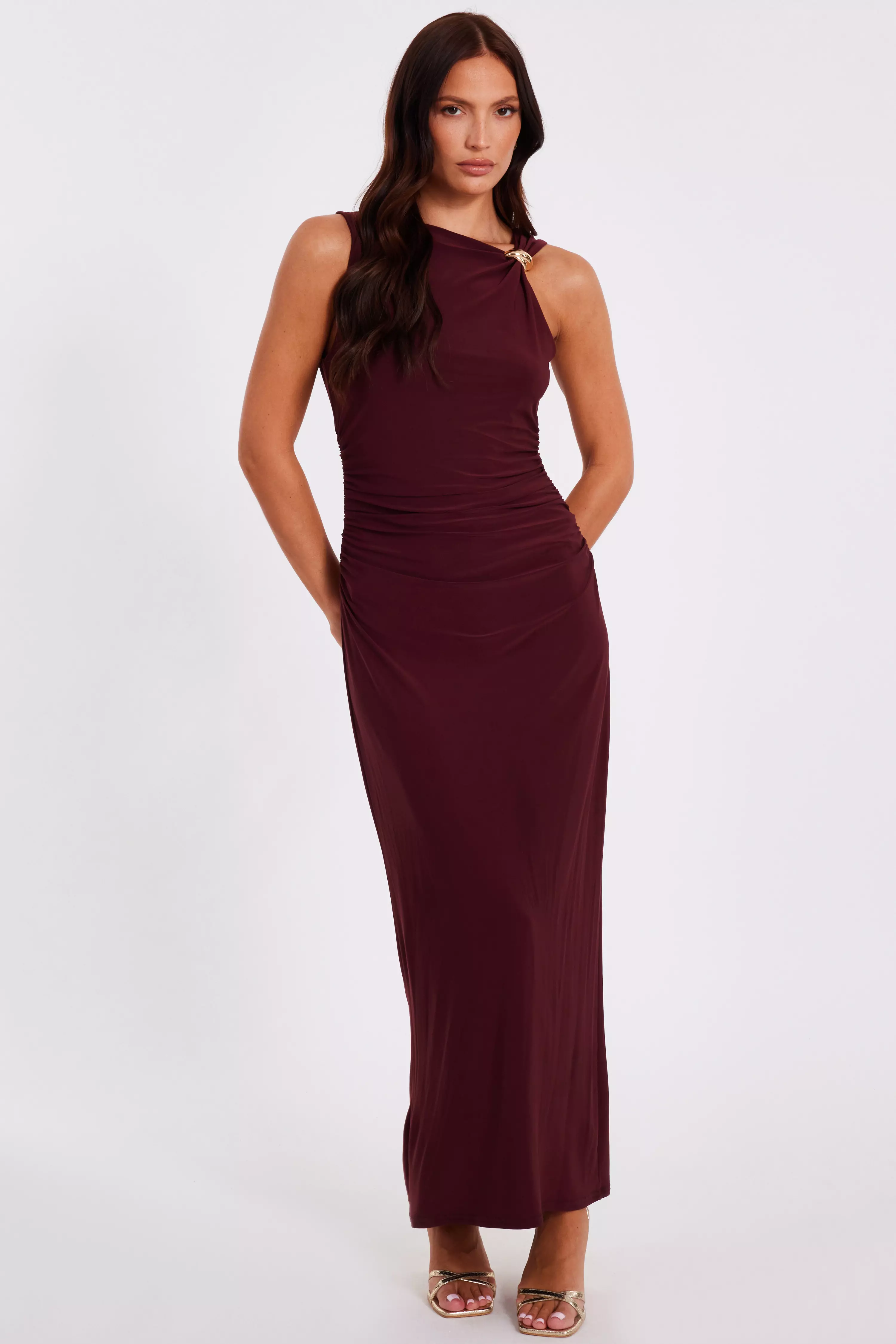 Dark Red Gold Buckle Midaxi Dress