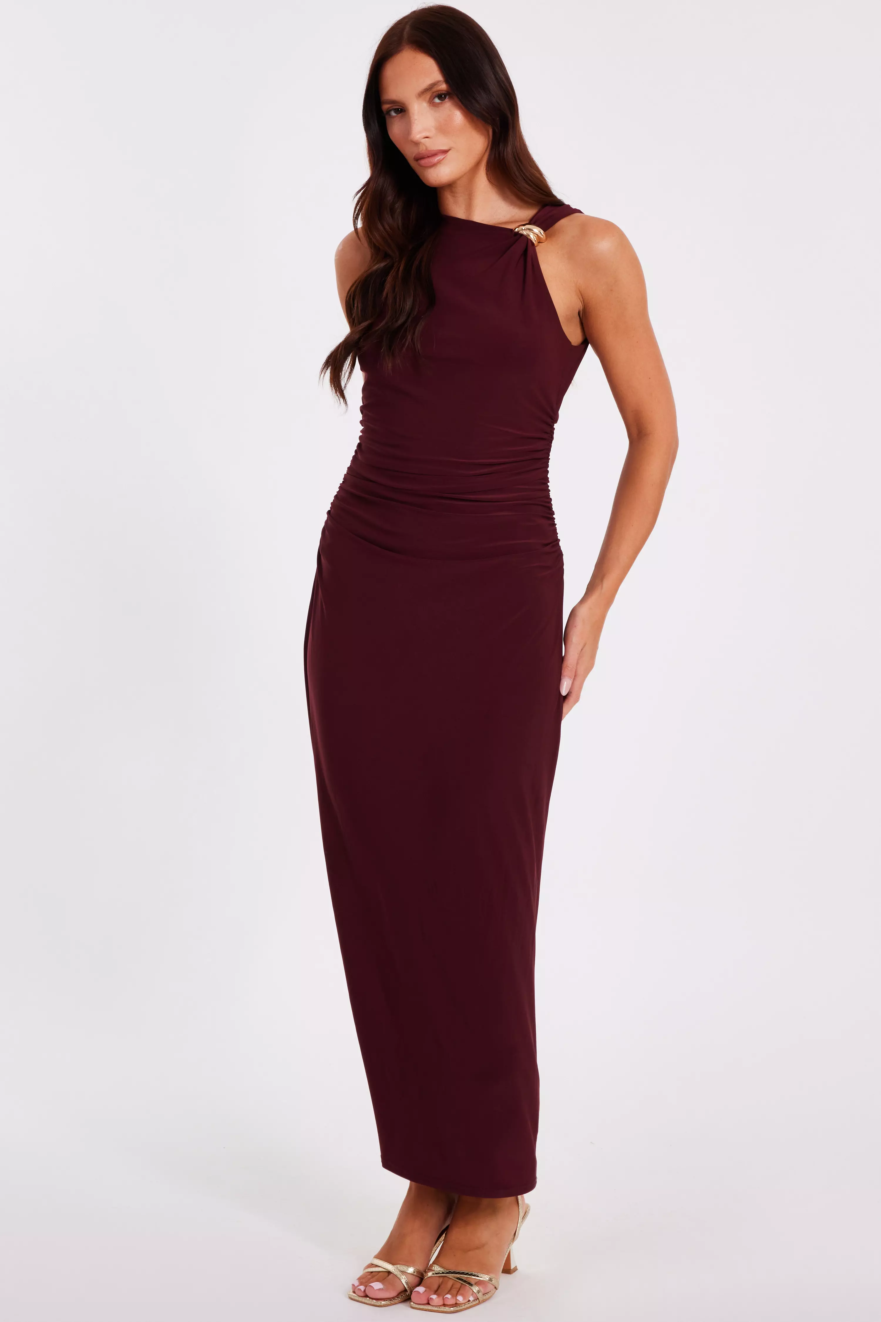 Dark Red Gold Buckle Midaxi Dress