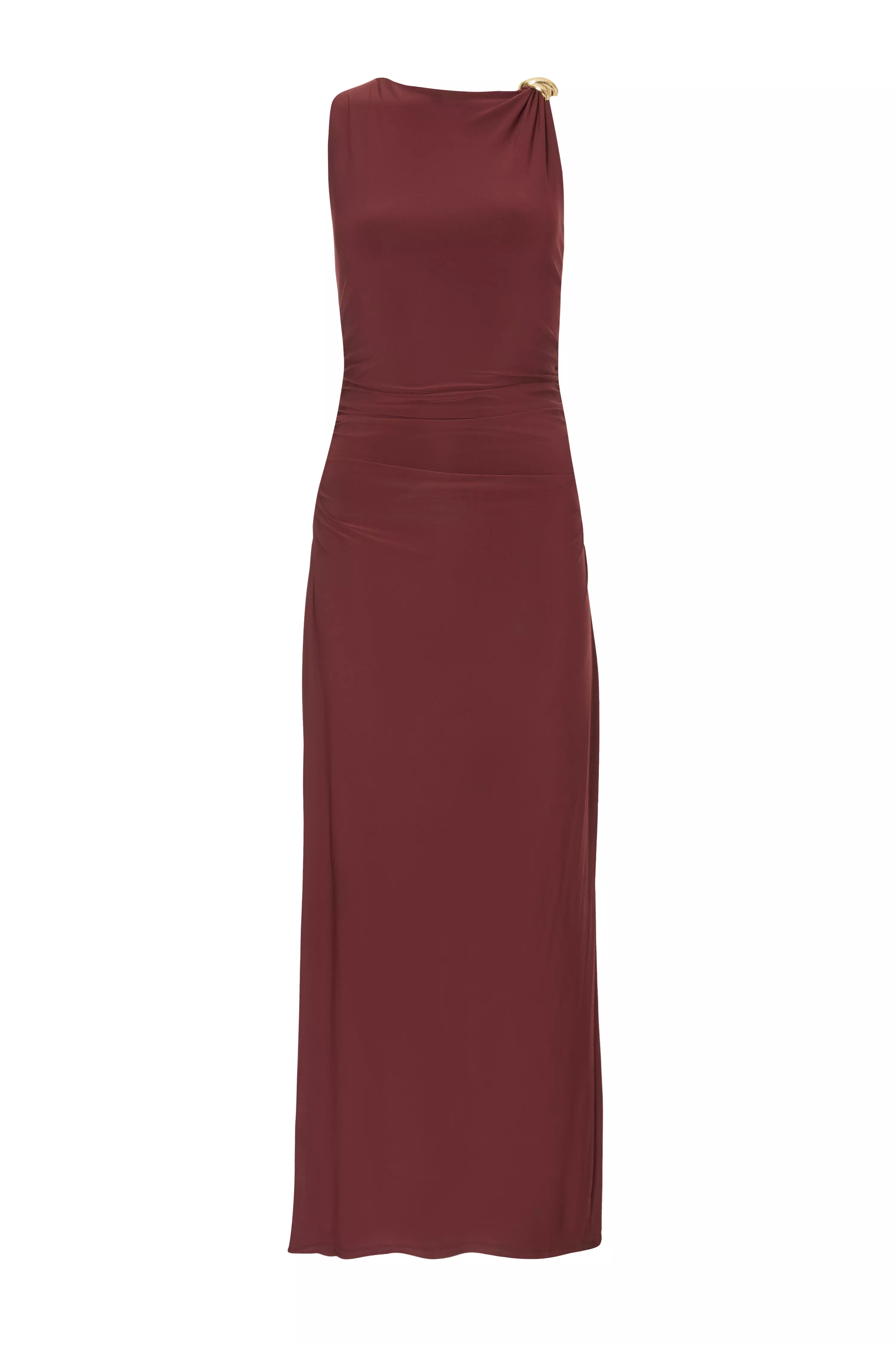 Dark Red Gold Buckle Midaxi Dress