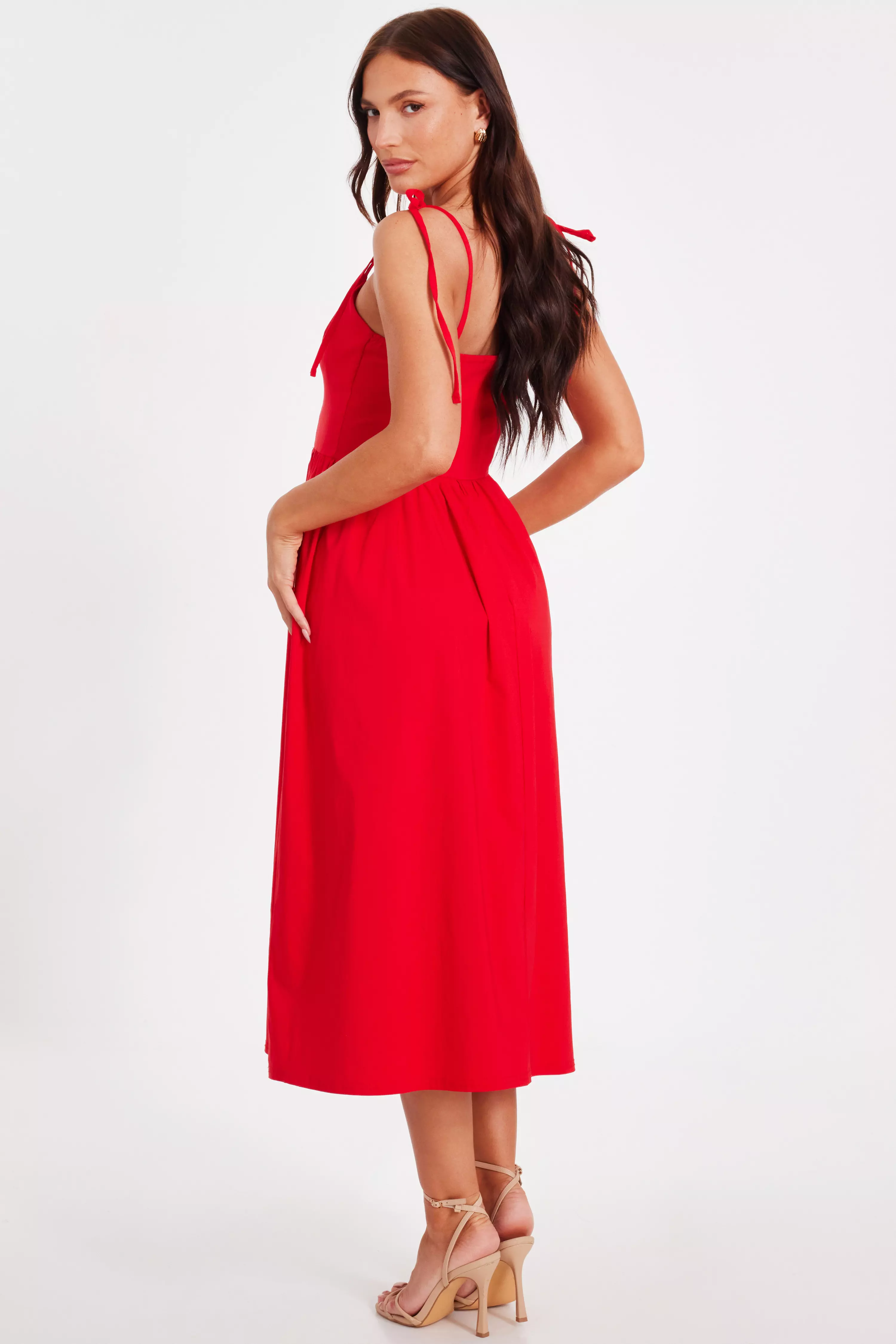 Red Tie Shoulder Midi Dress