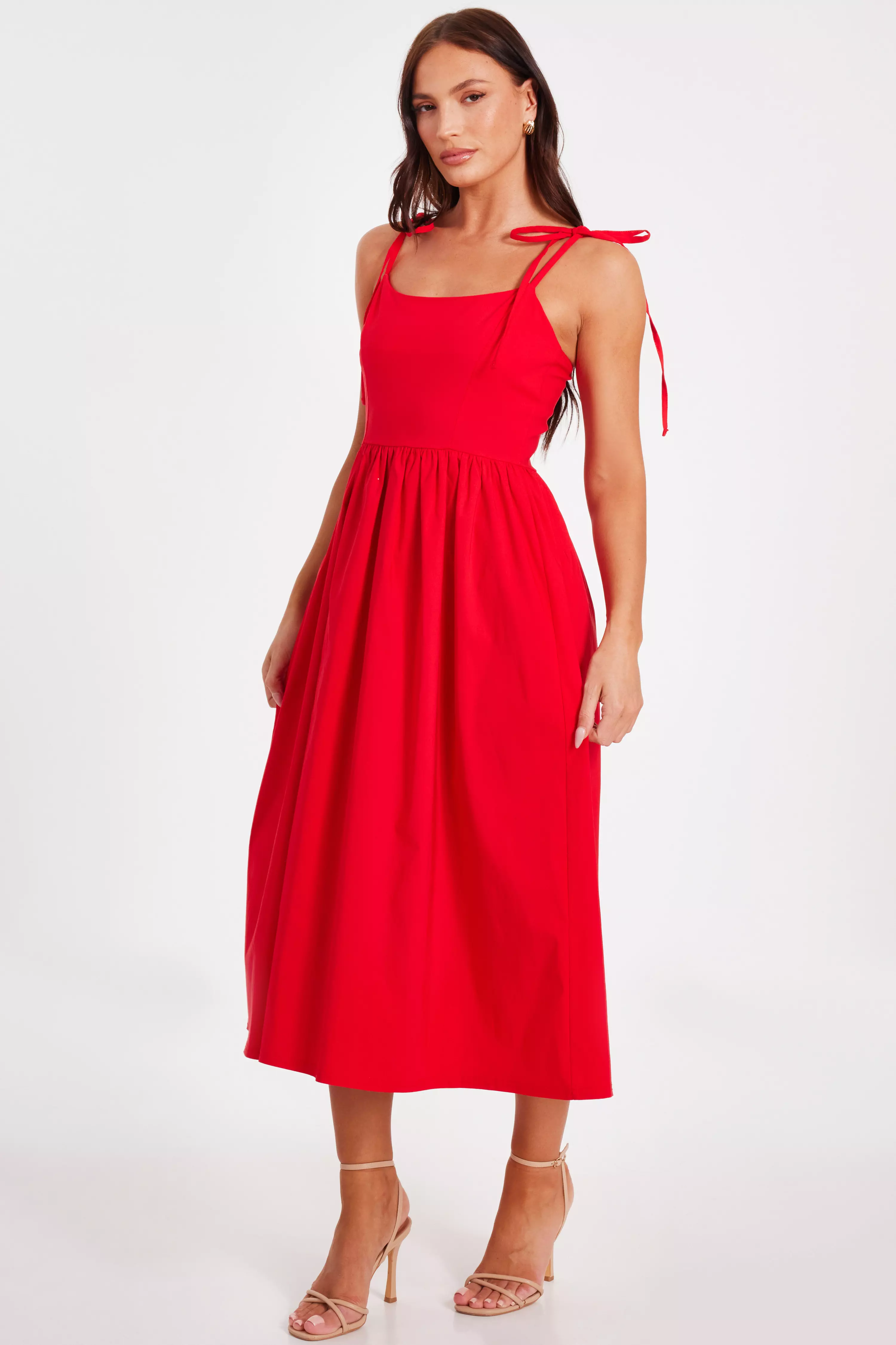 Red Tie Shoulder Midi Dress