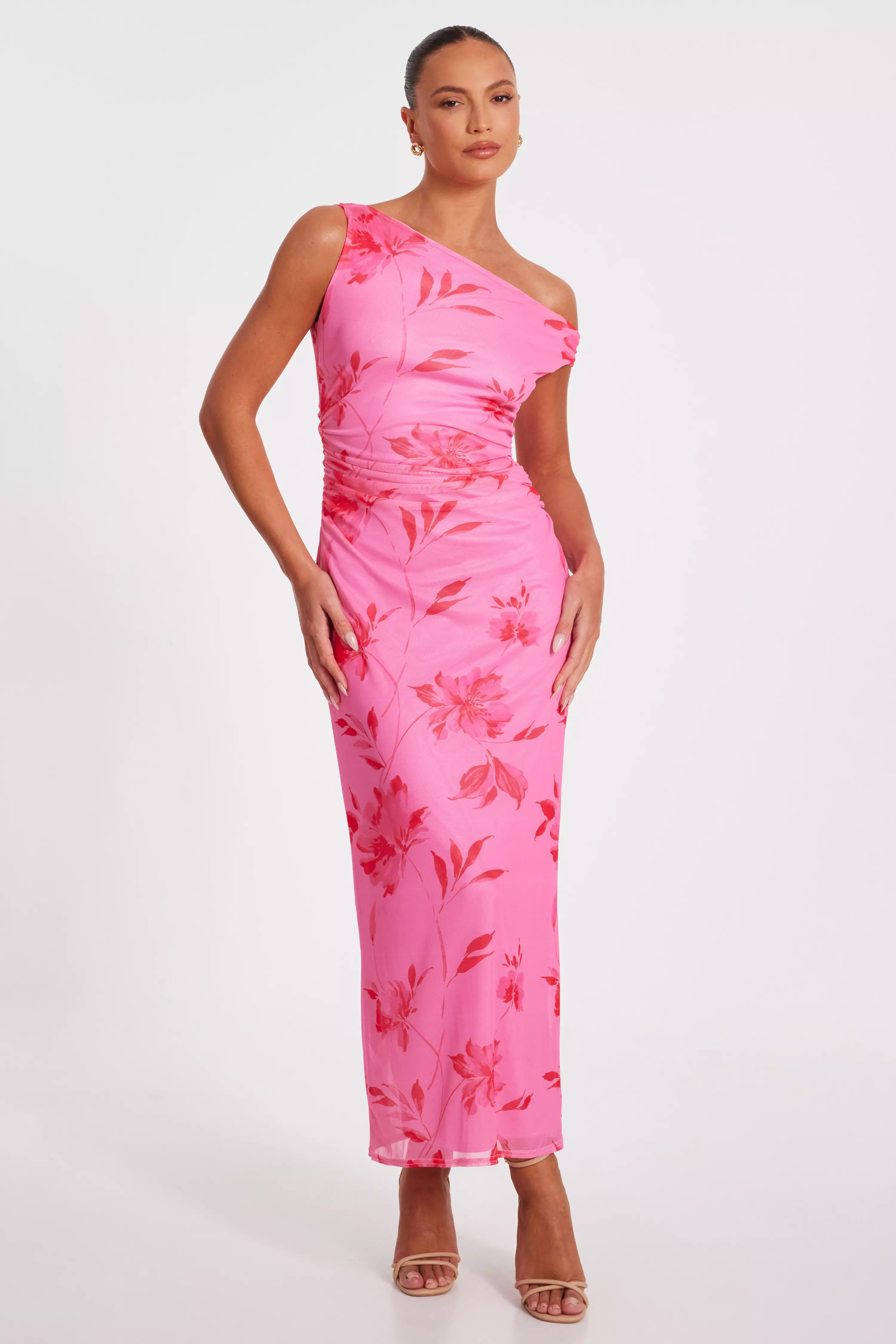 Pink Mesh Floral Print Midaxi Dress