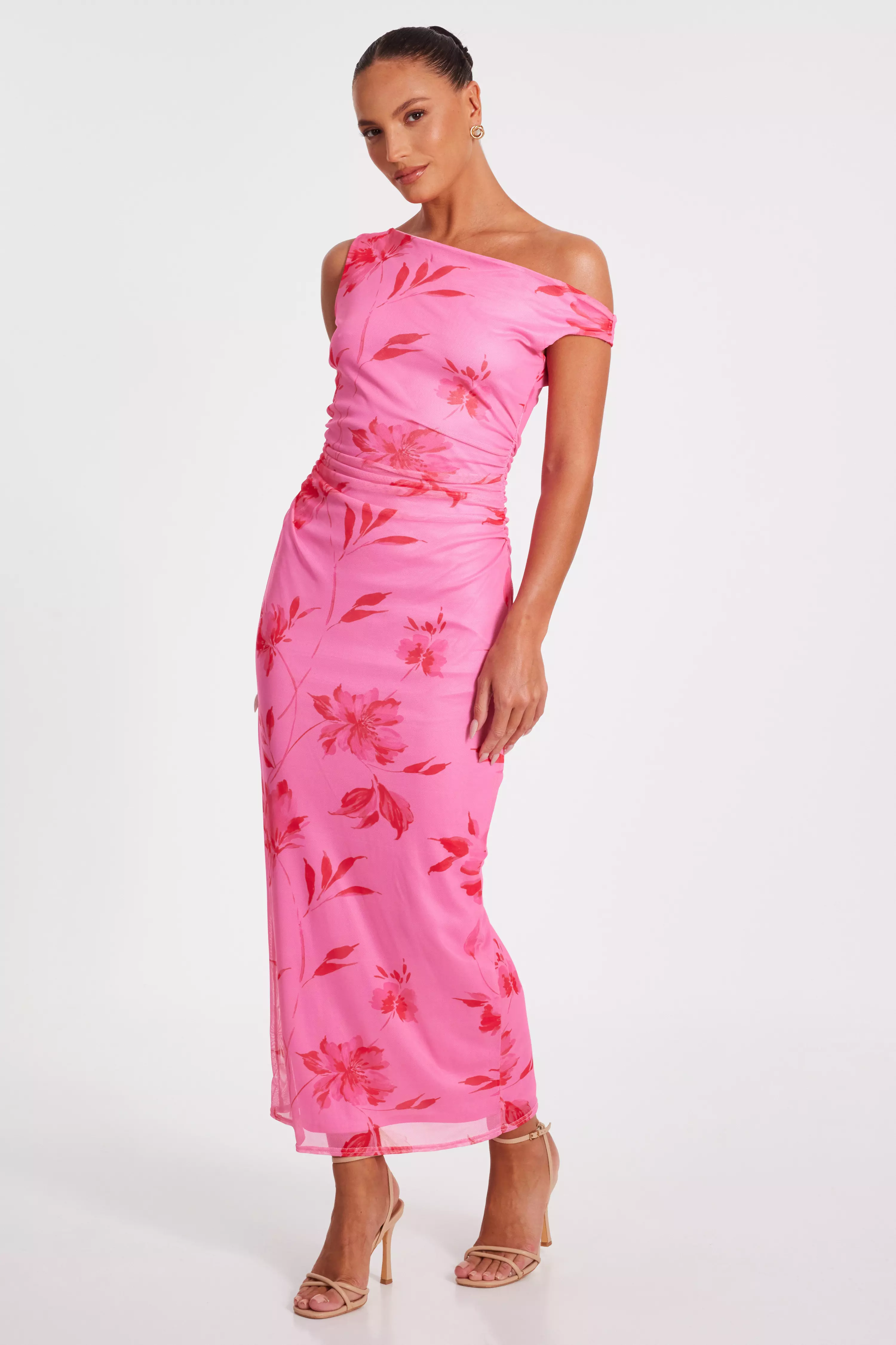 Pink Mesh Floral Print Midaxi Dress