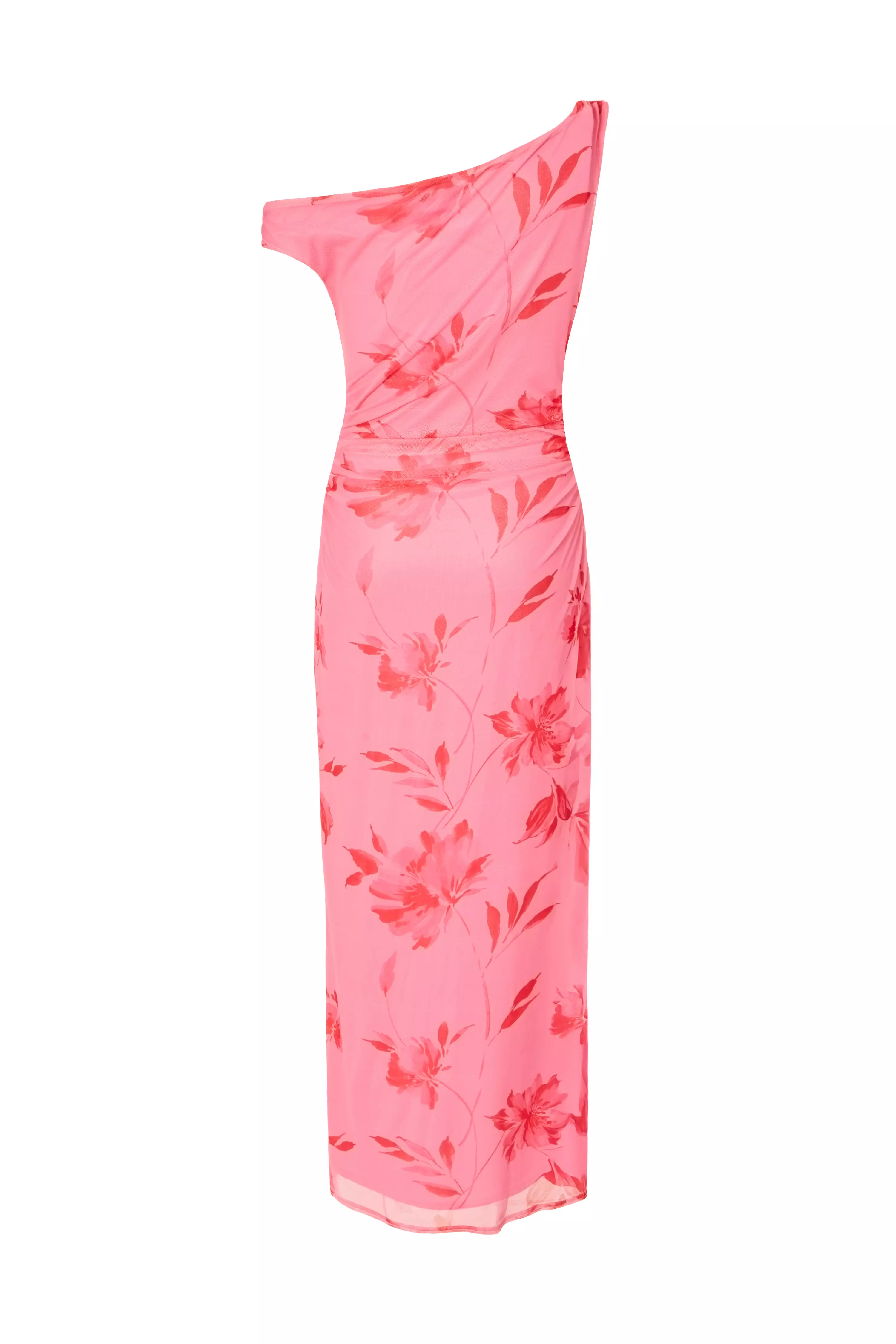 Pink Mesh Floral Print Midaxi Dress