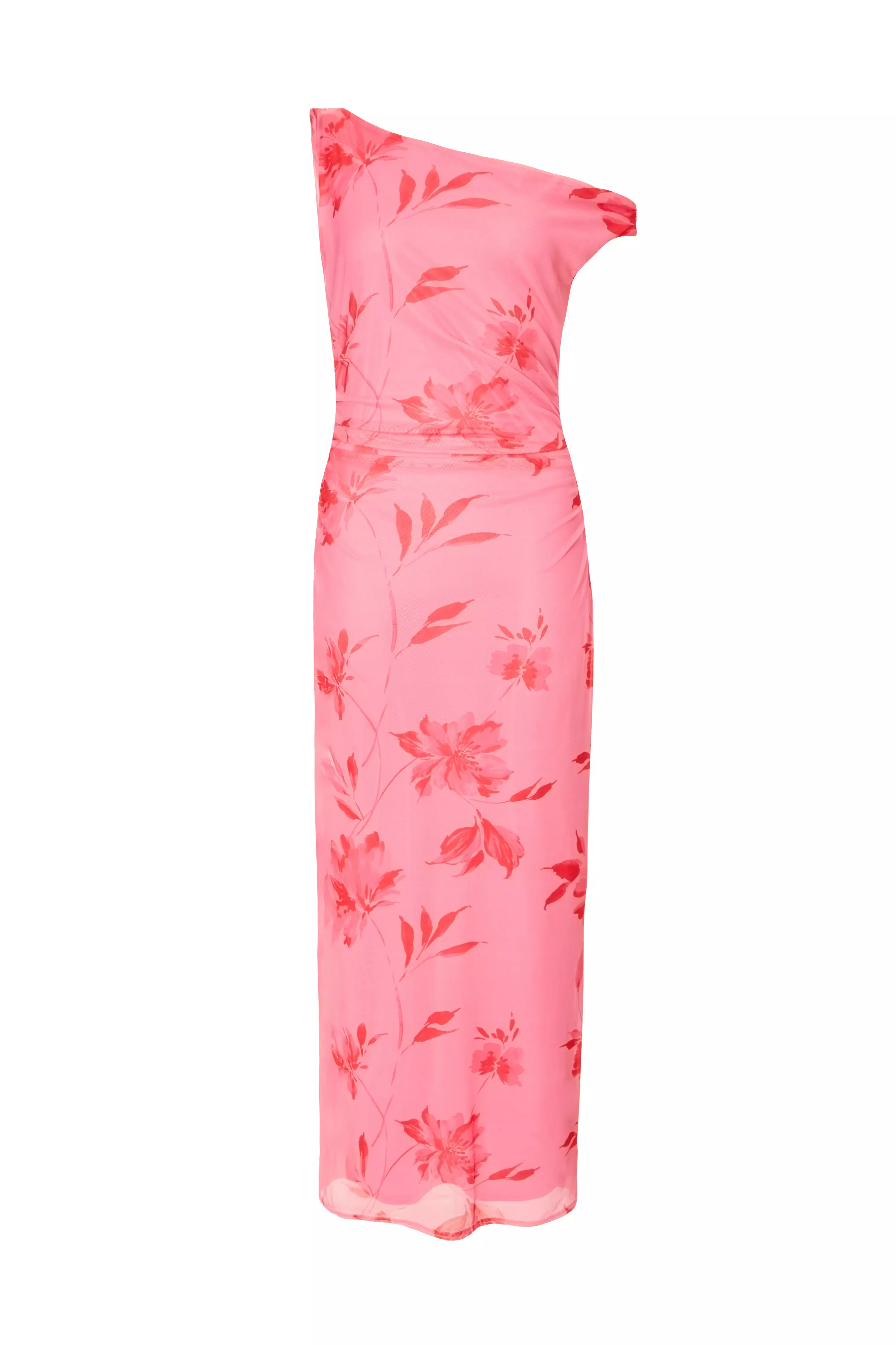 Pink Mesh Floral Print Midaxi Dress