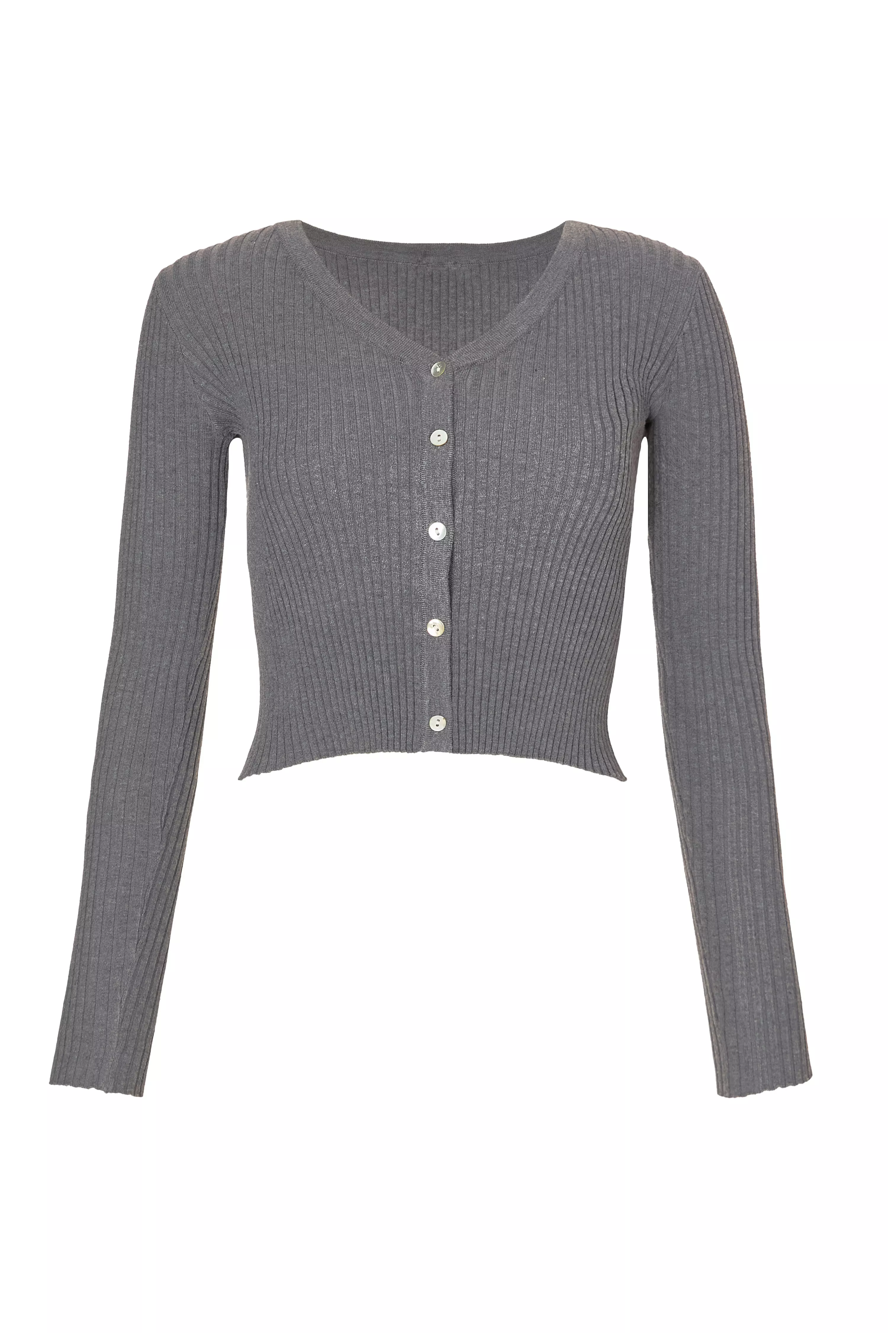 Grey Ribbed Knit Cardigan