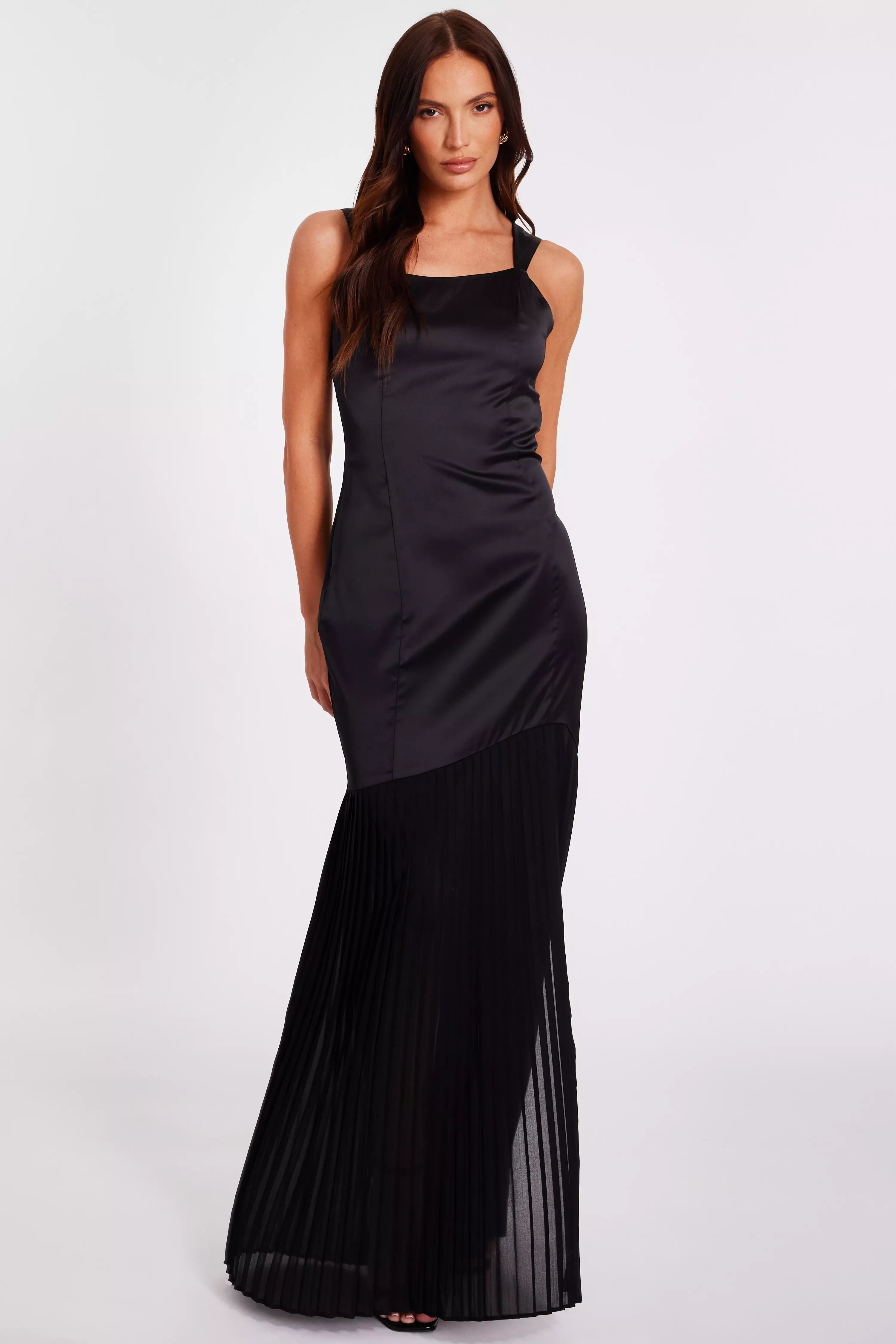 Black Satin Pleated Maxi Dress