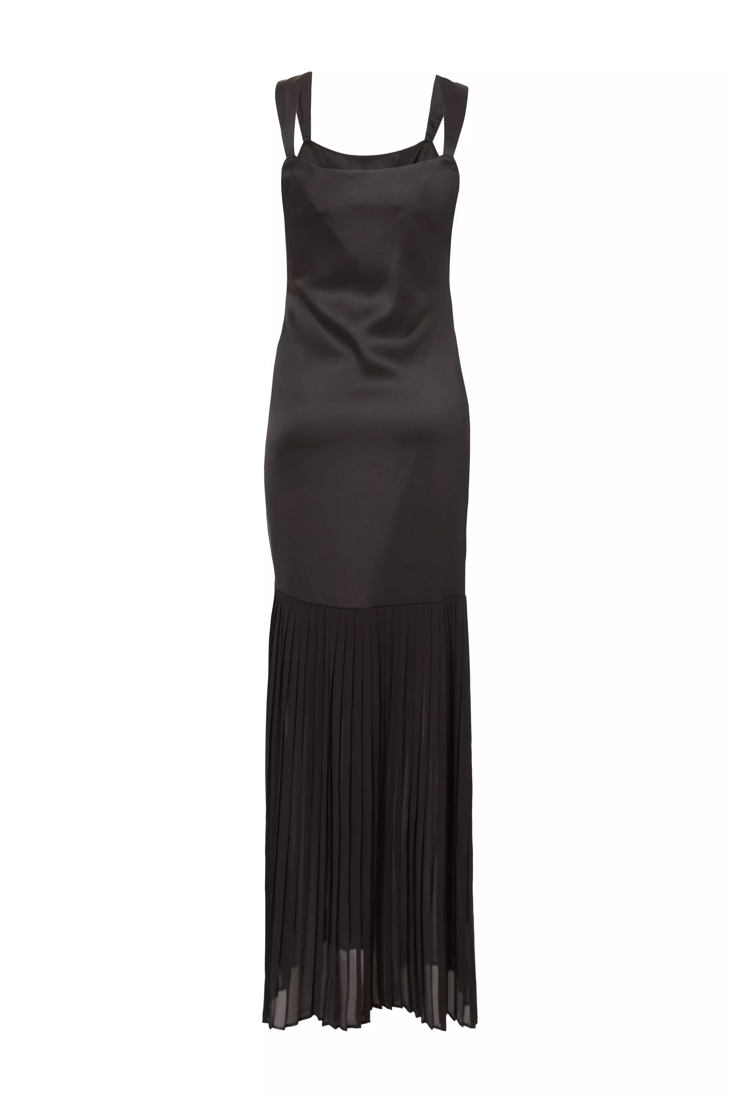 Black Satin Pleated Maxi Dress