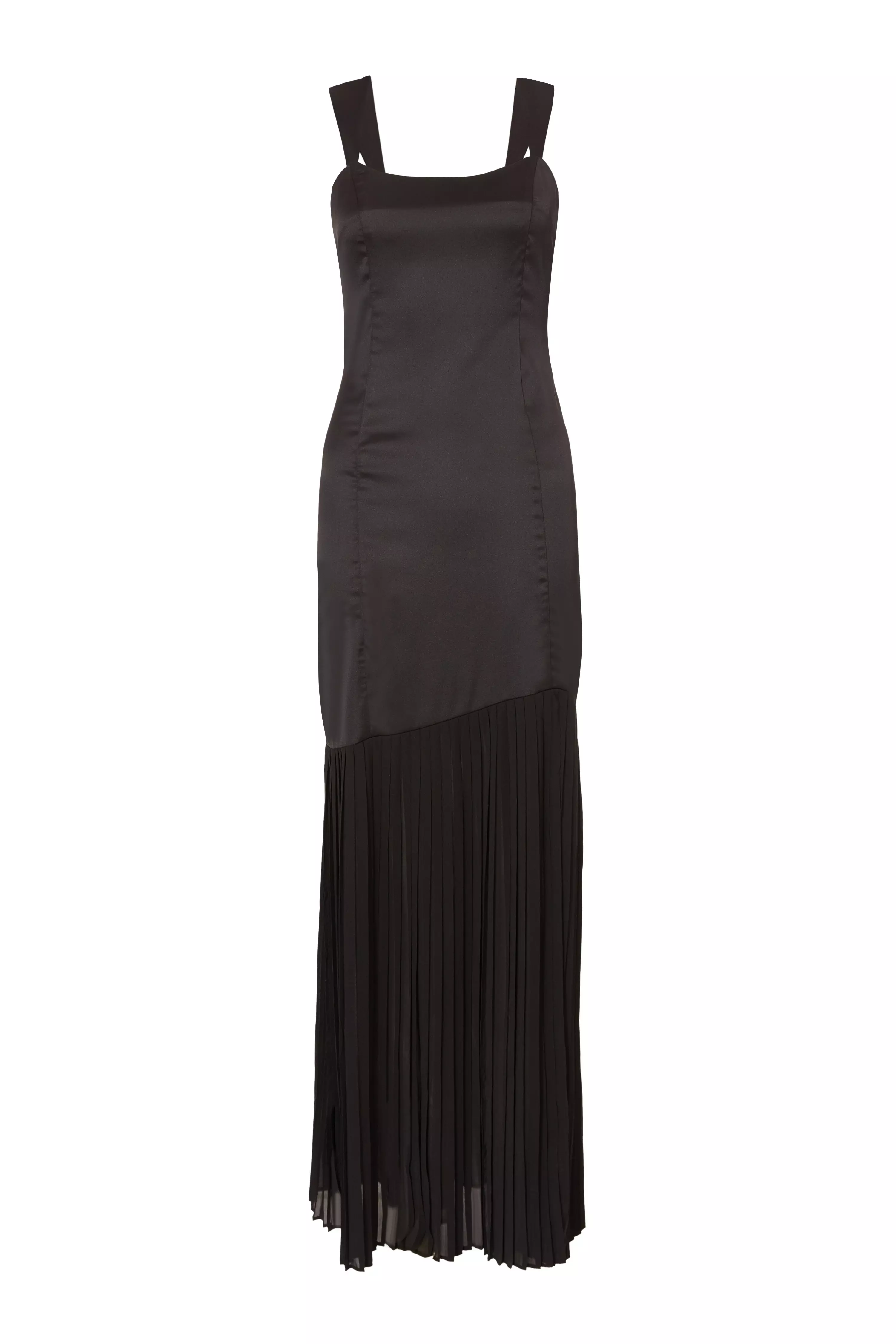 Black Satin Pleated Maxi Dress