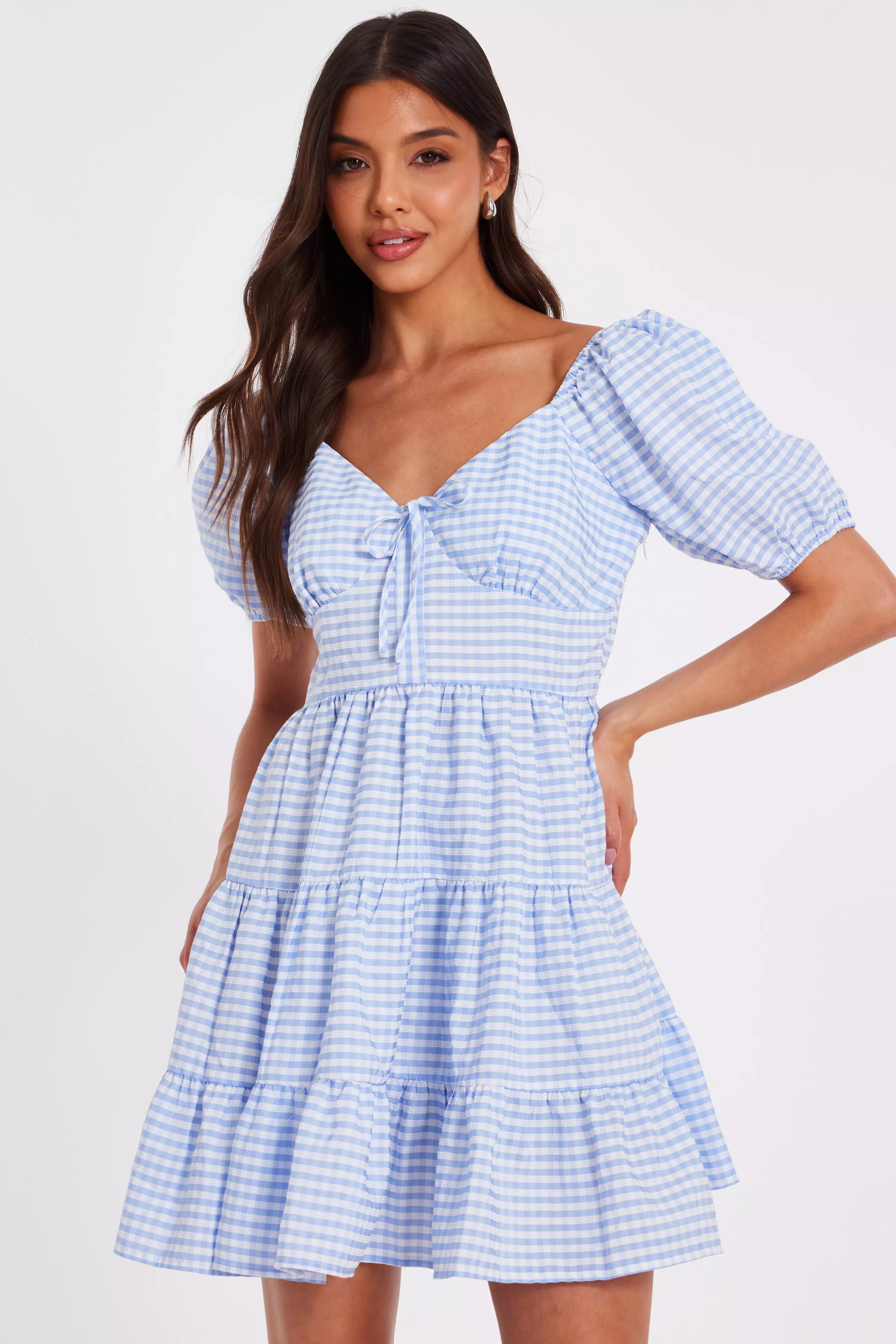 Blue Gingham Puff Sleeve Dress