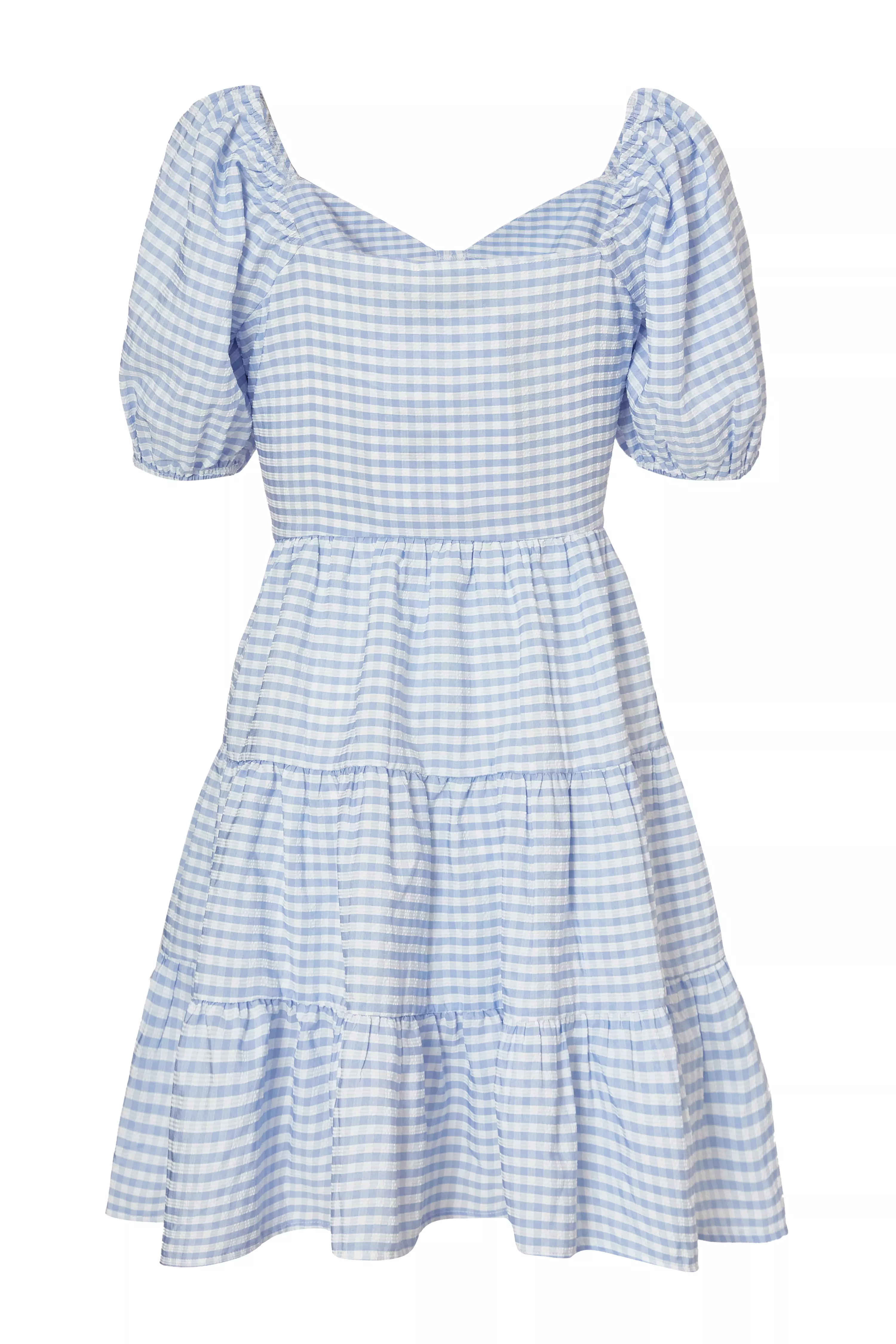 Blue Gingham Puff Sleeve Dress