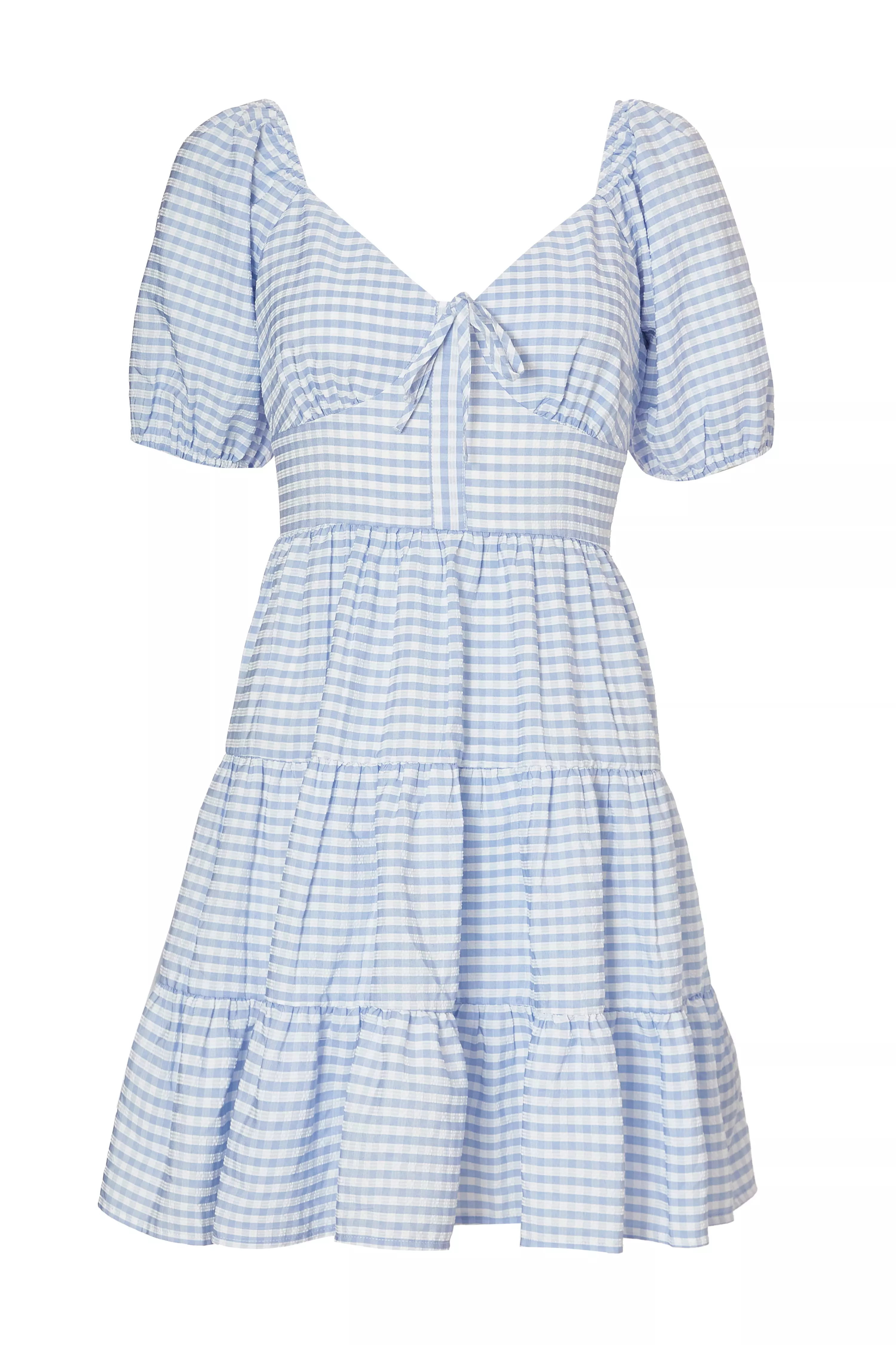 Blue Gingham Puff Sleeve Dress