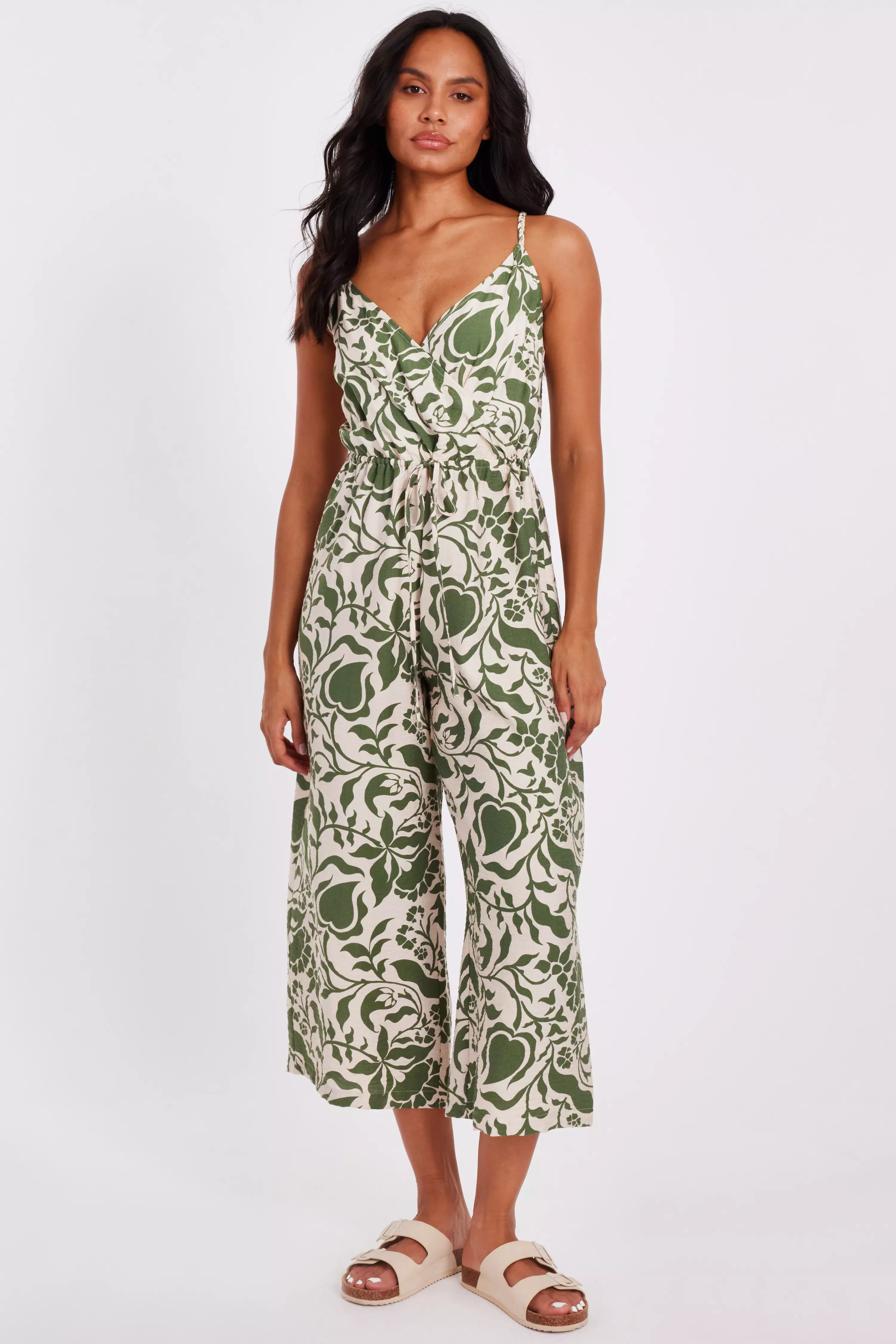 Khaki Tropical Print Jumpsuit