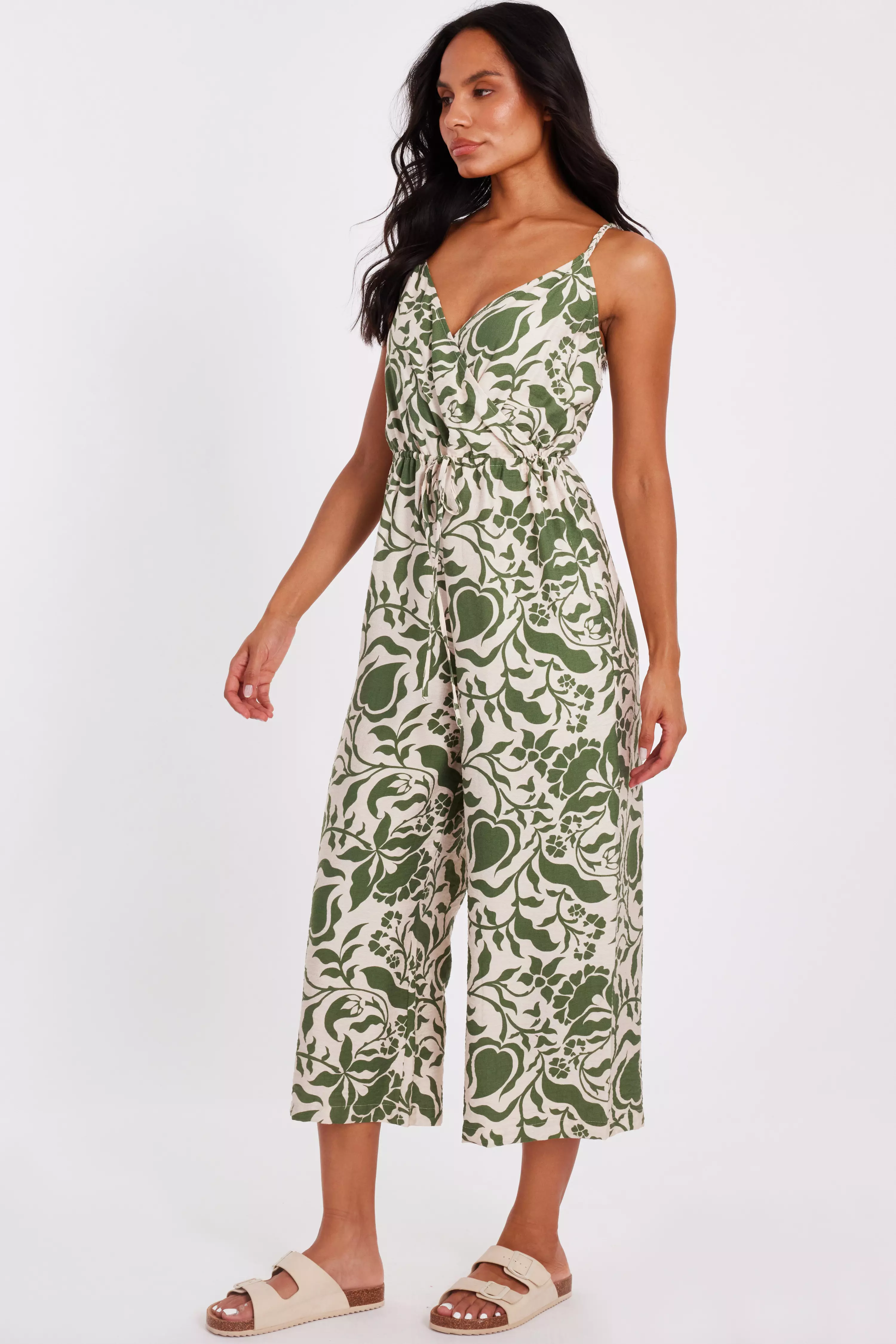 Khaki Tropical Print Jumpsuit
