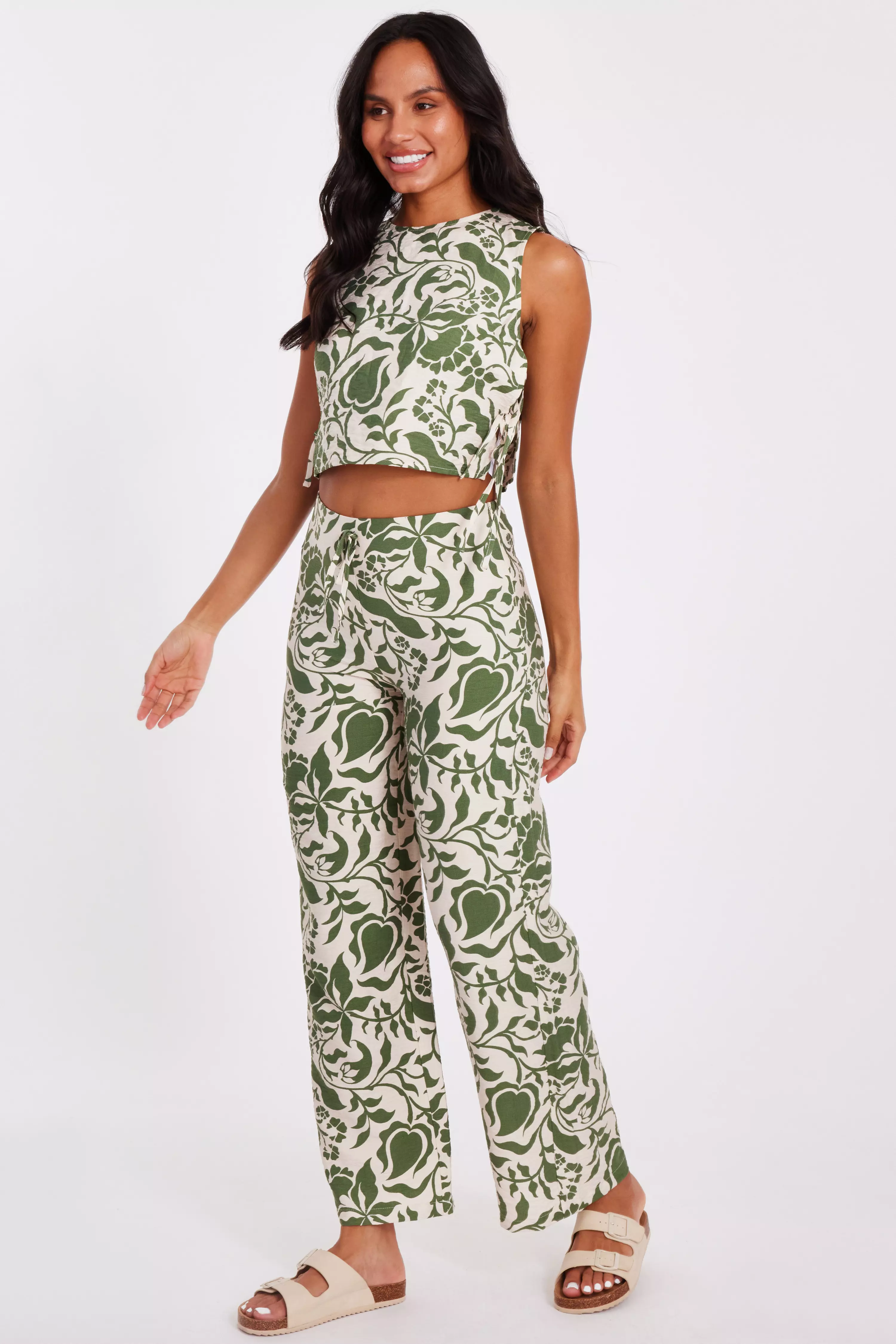 Khaki Tropical Print Crop Top