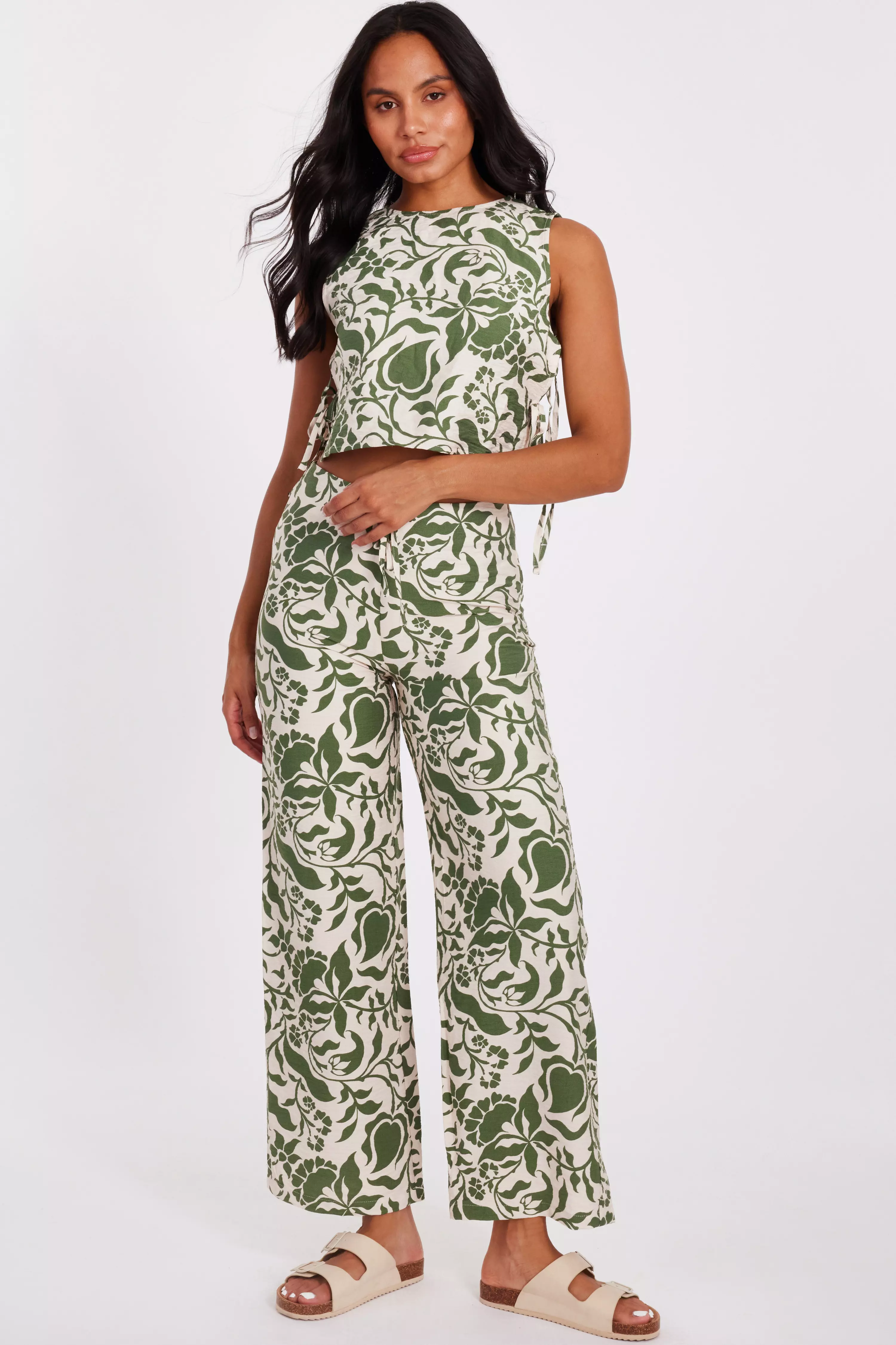 Khaki Tropical Print Trousers