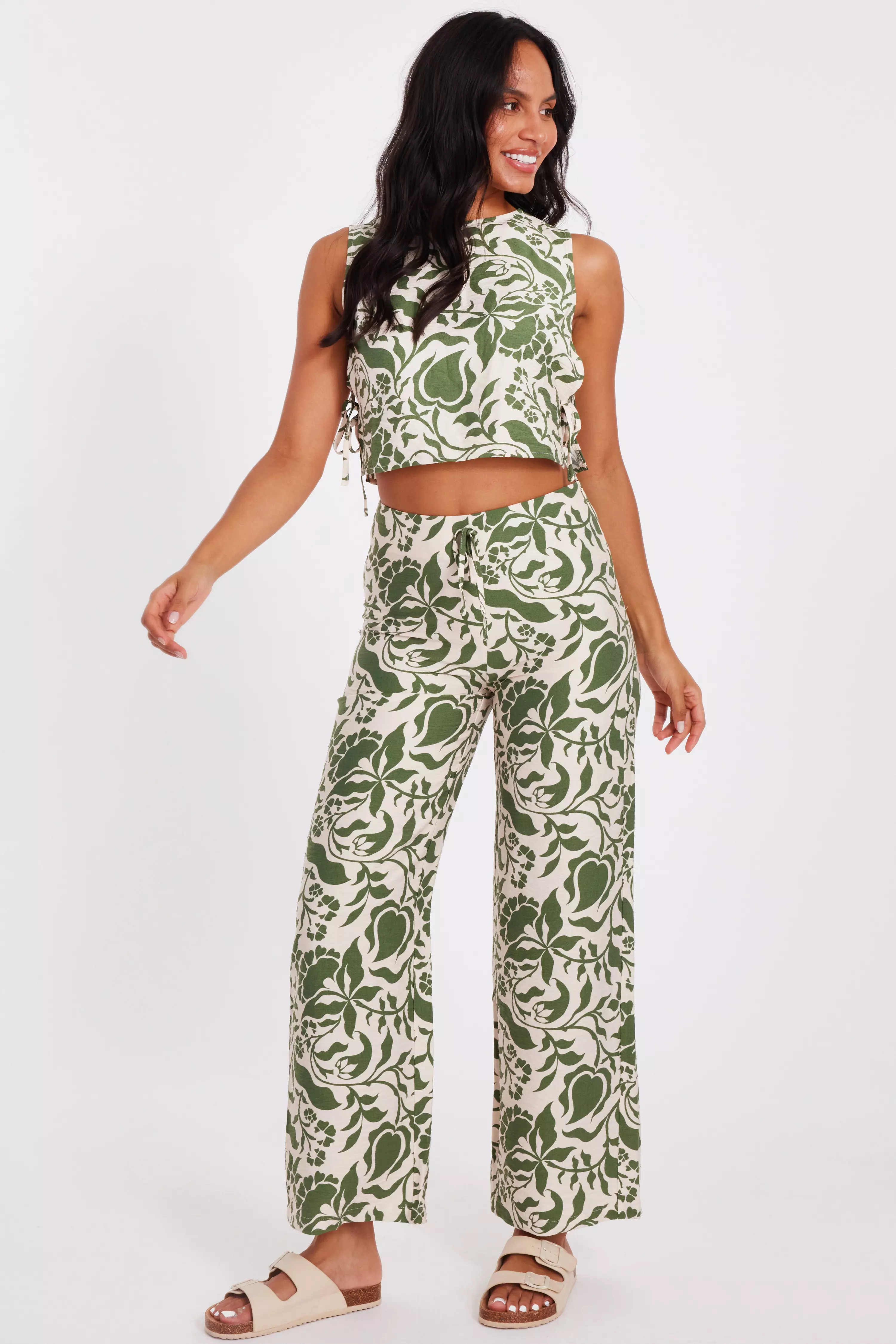 Khaki Tropical Print Trousers