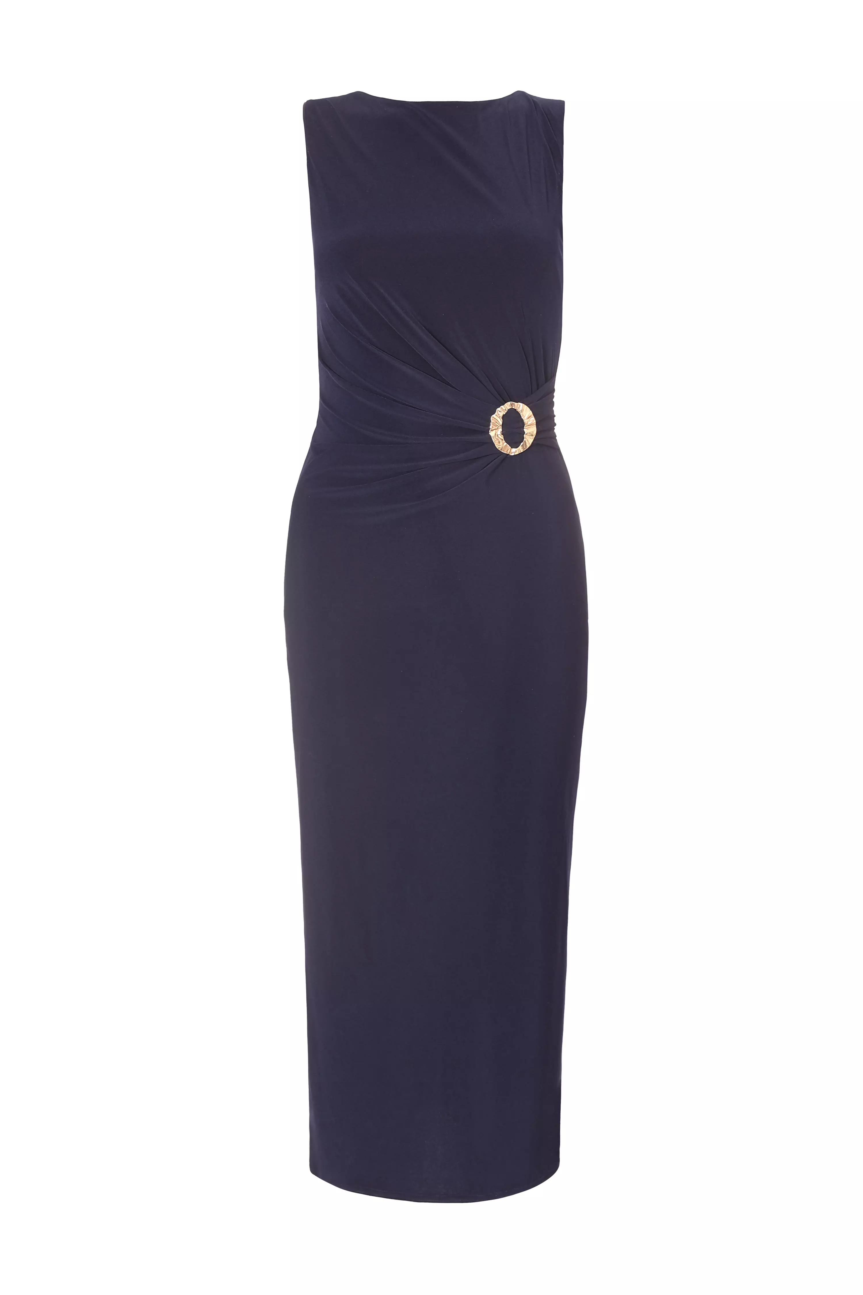 Navy Buckle Detail Midi Dress