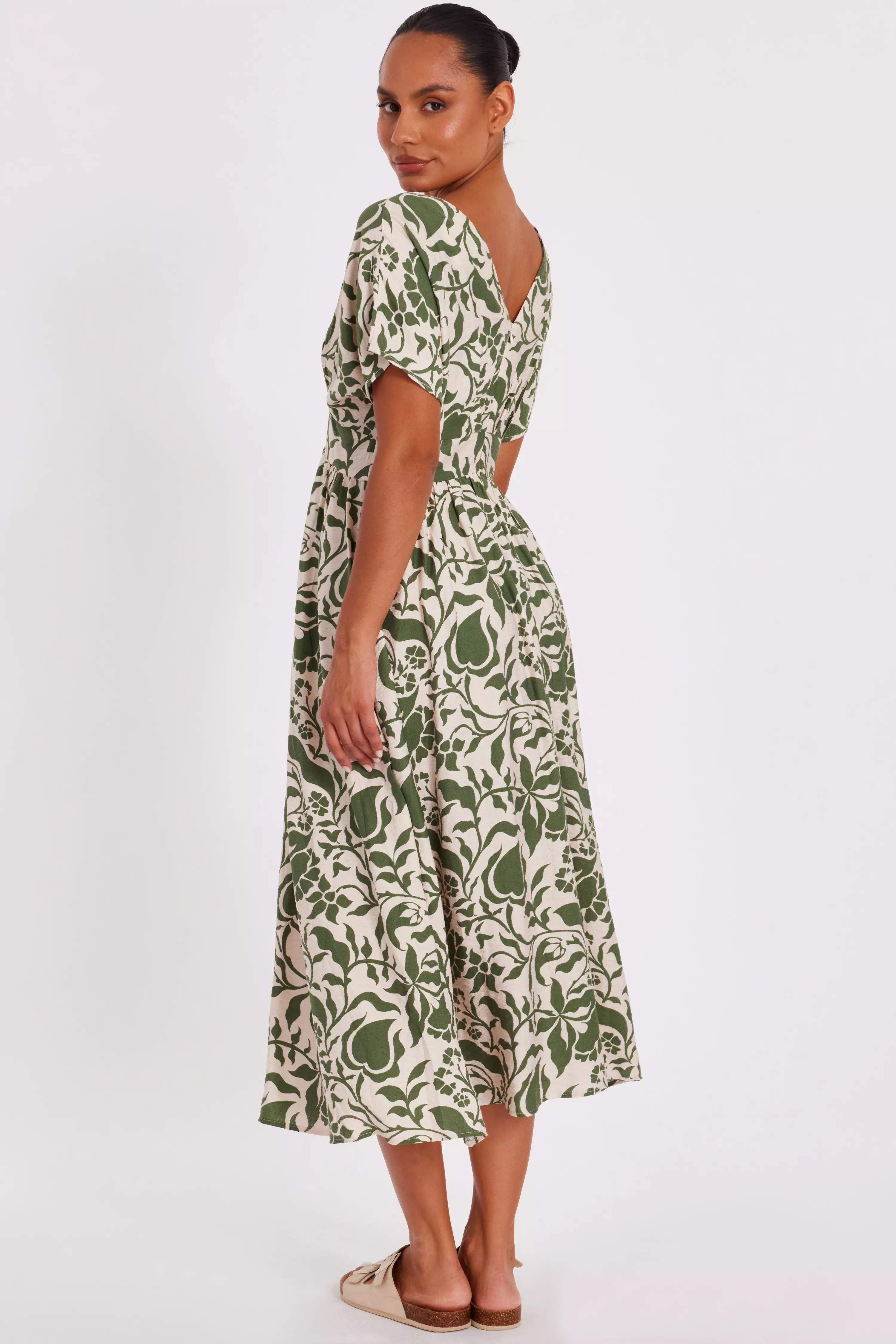 Khaki Tropical Print Midaxi Dress