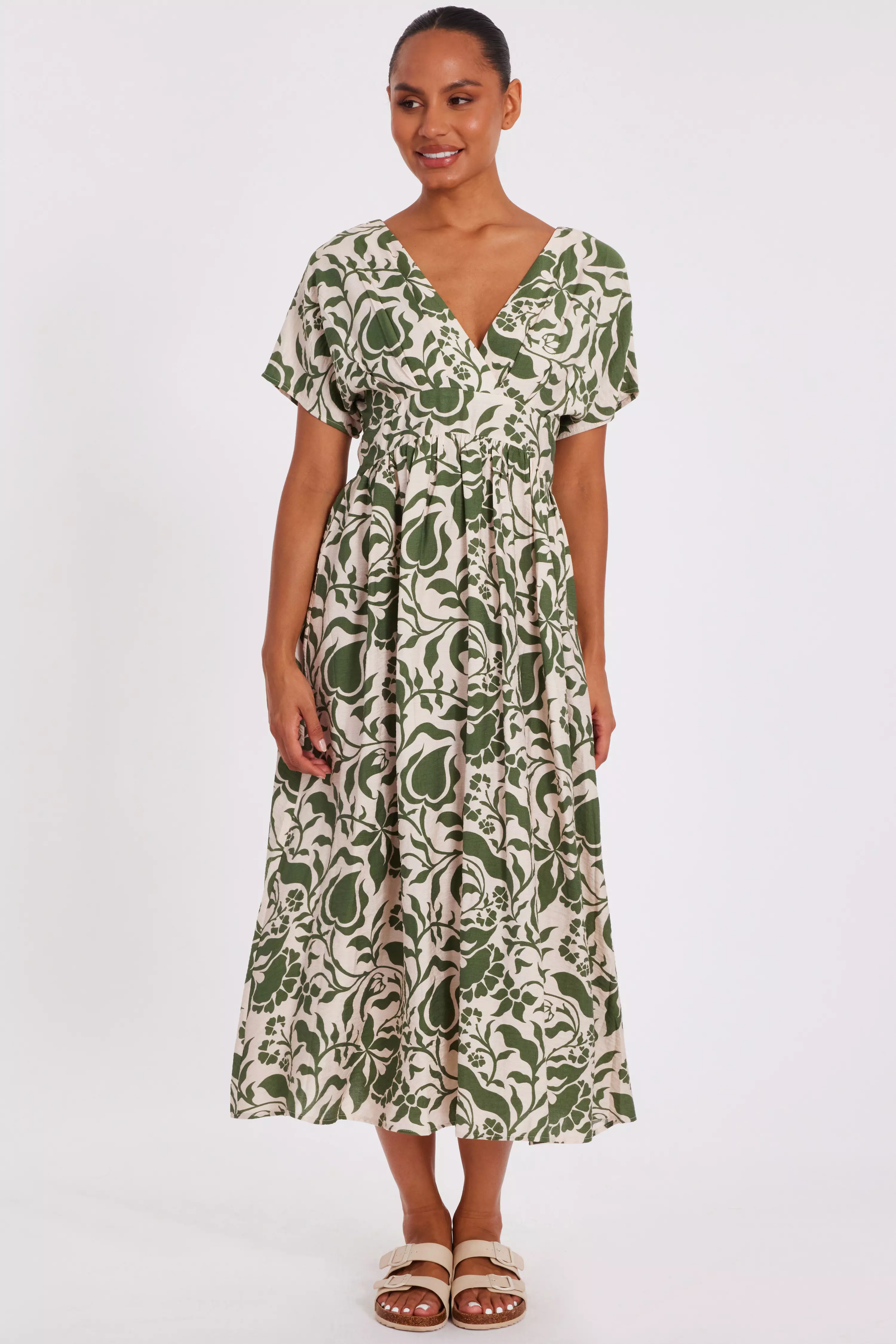 Khaki Tropical Print Midaxi Dress