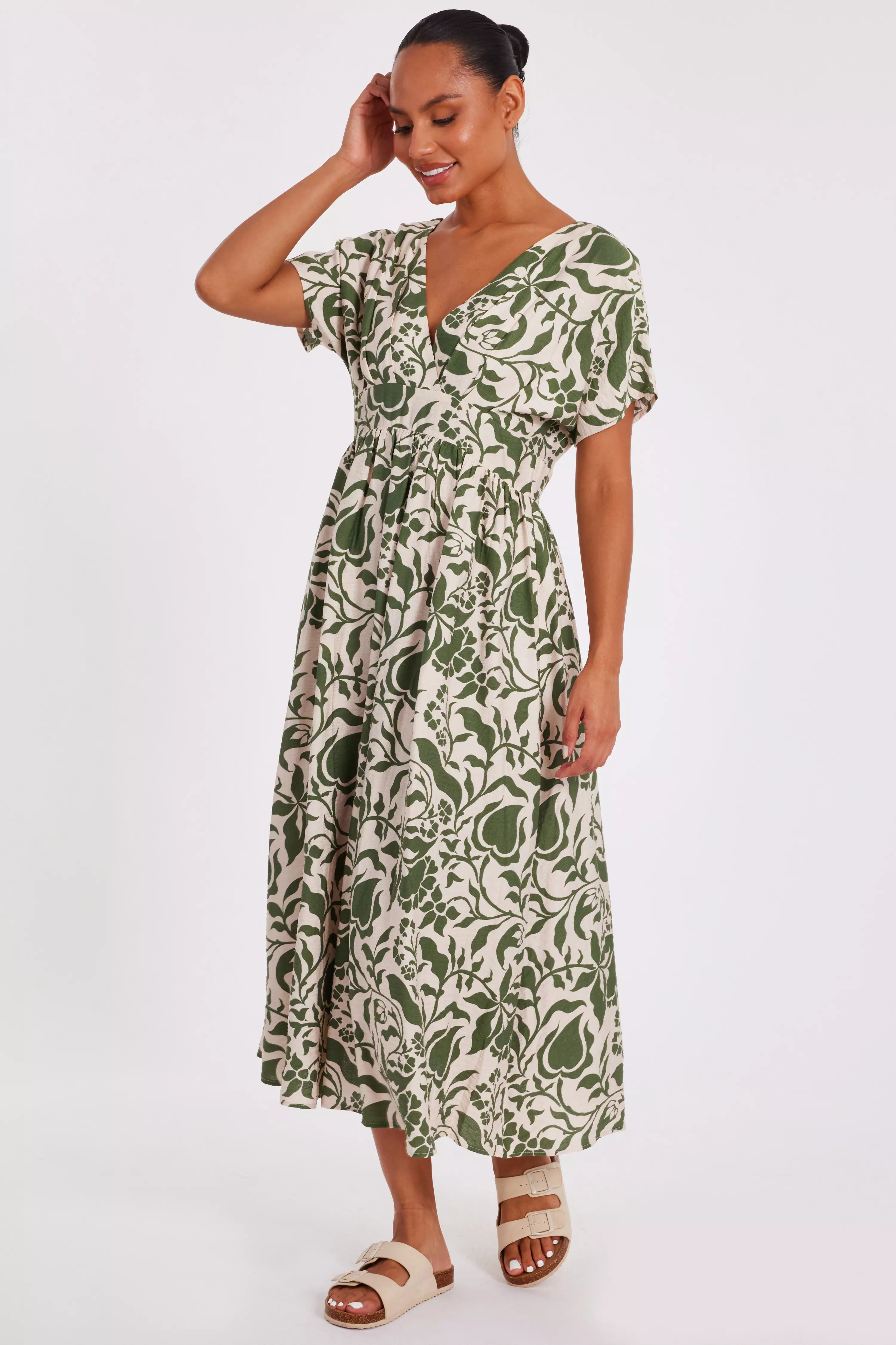 Khaki Tropical Print Midaxi Dress