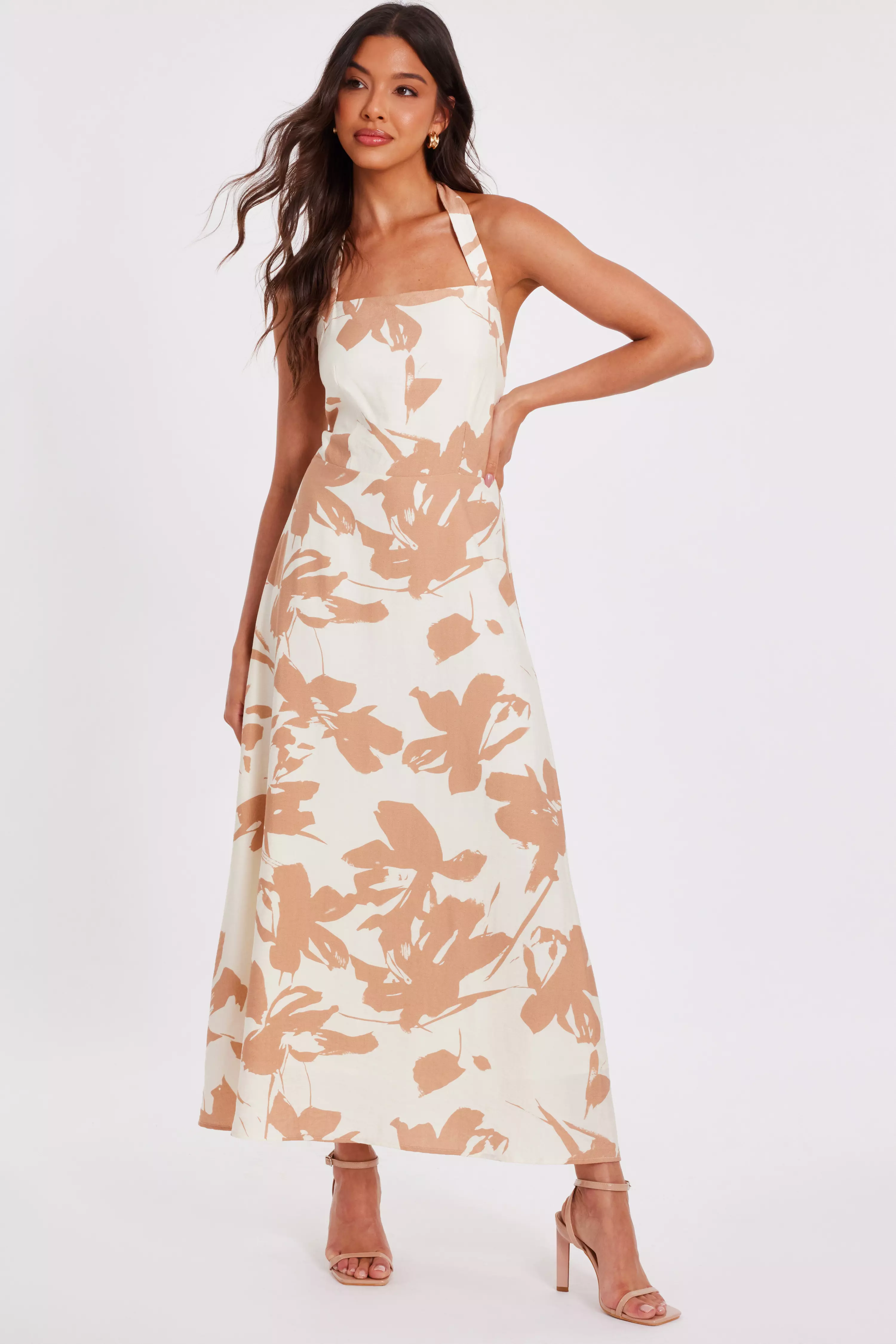 Cream Floral Print Midi Dress