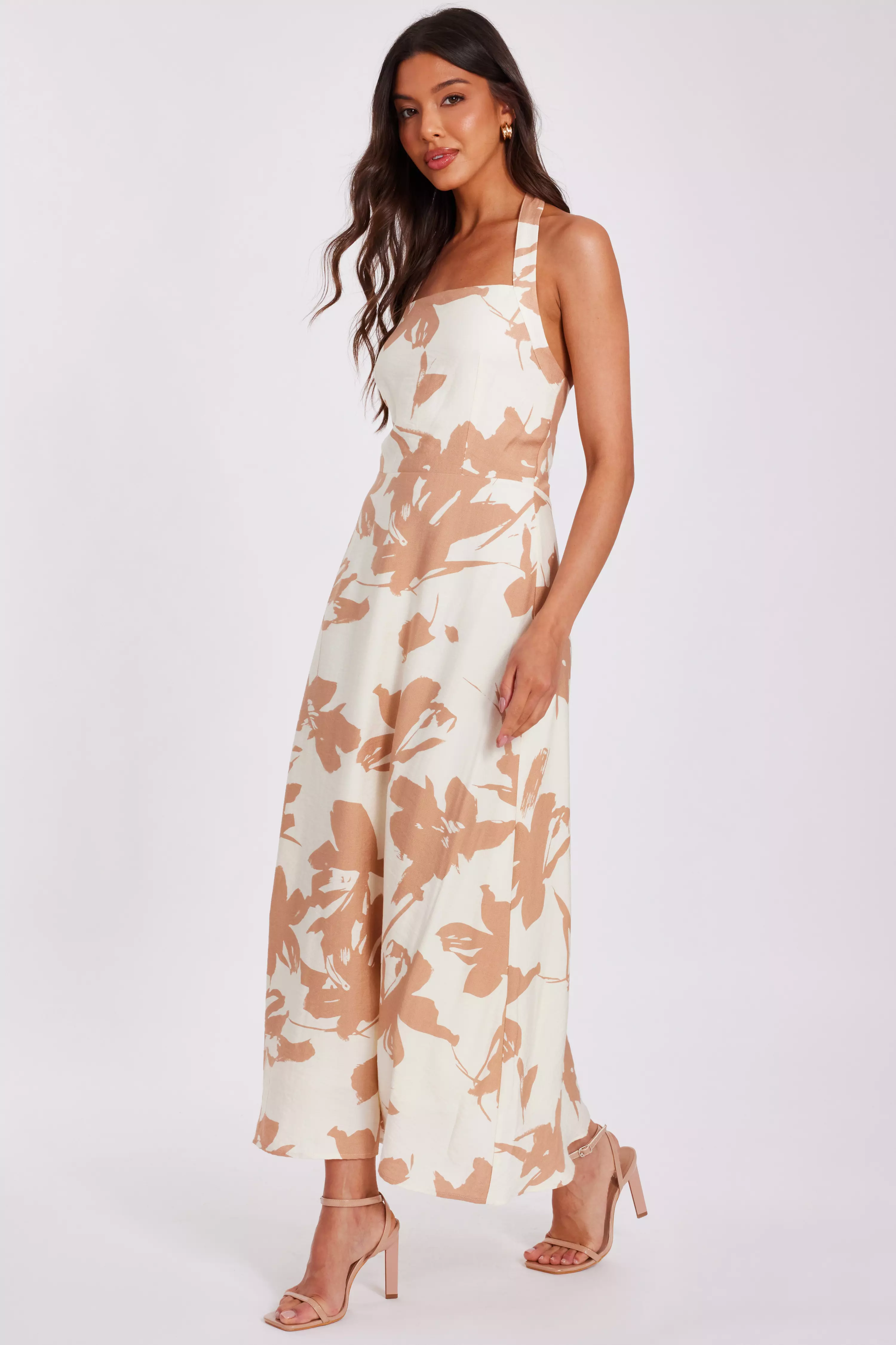Cream Floral Print Midi Dress