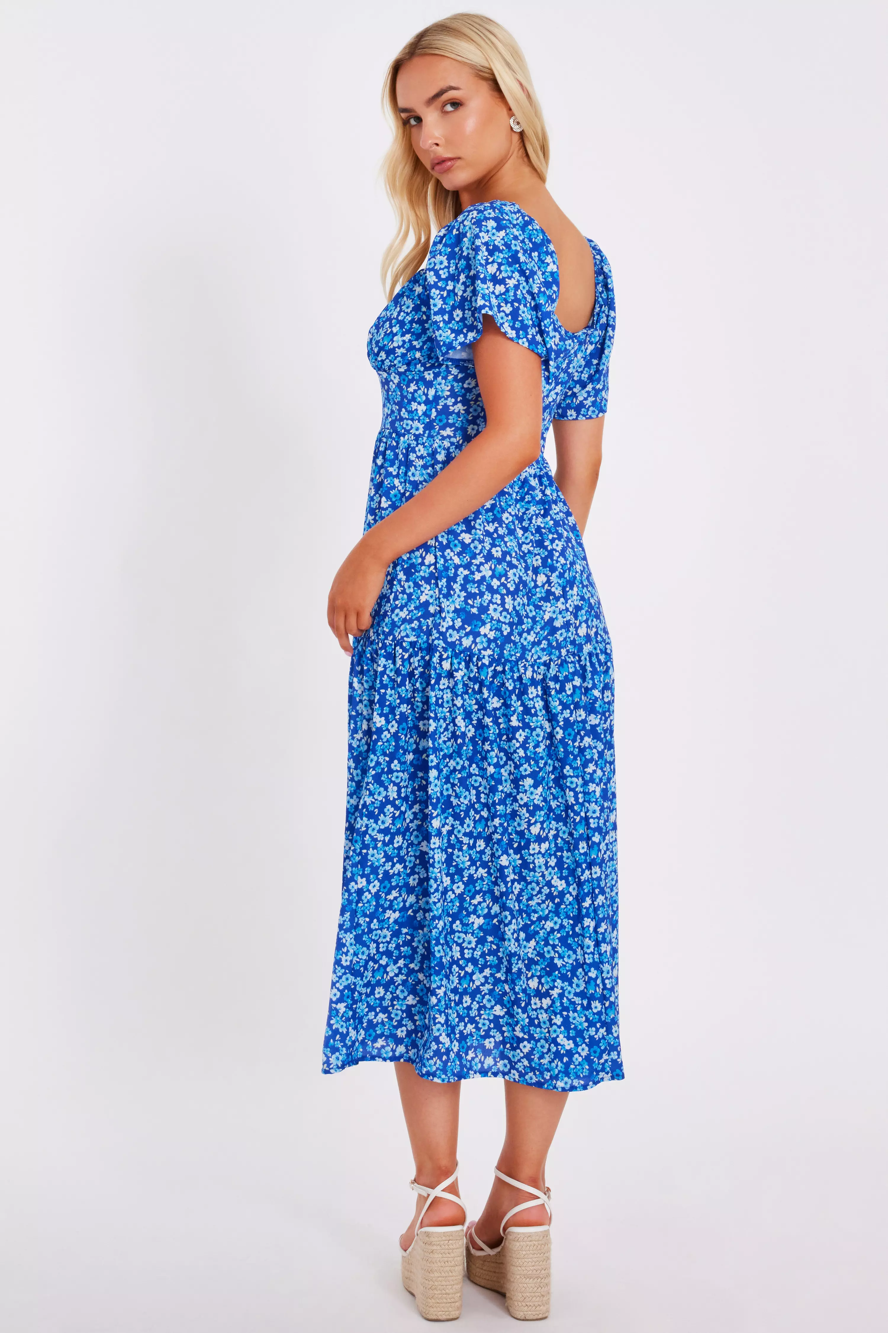 Blue Floral Print Midi Dress