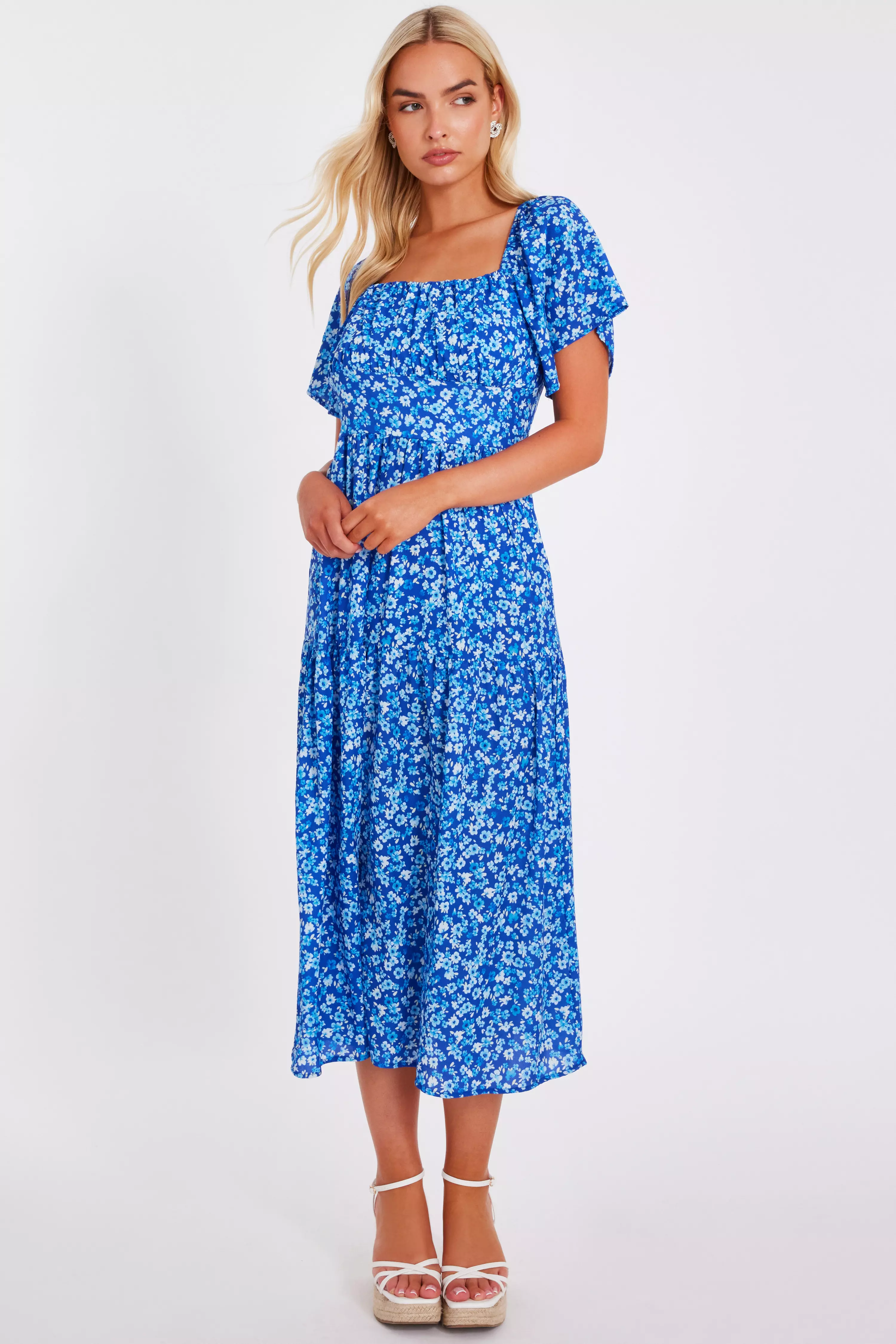 Blue Floral Print Midi Dress