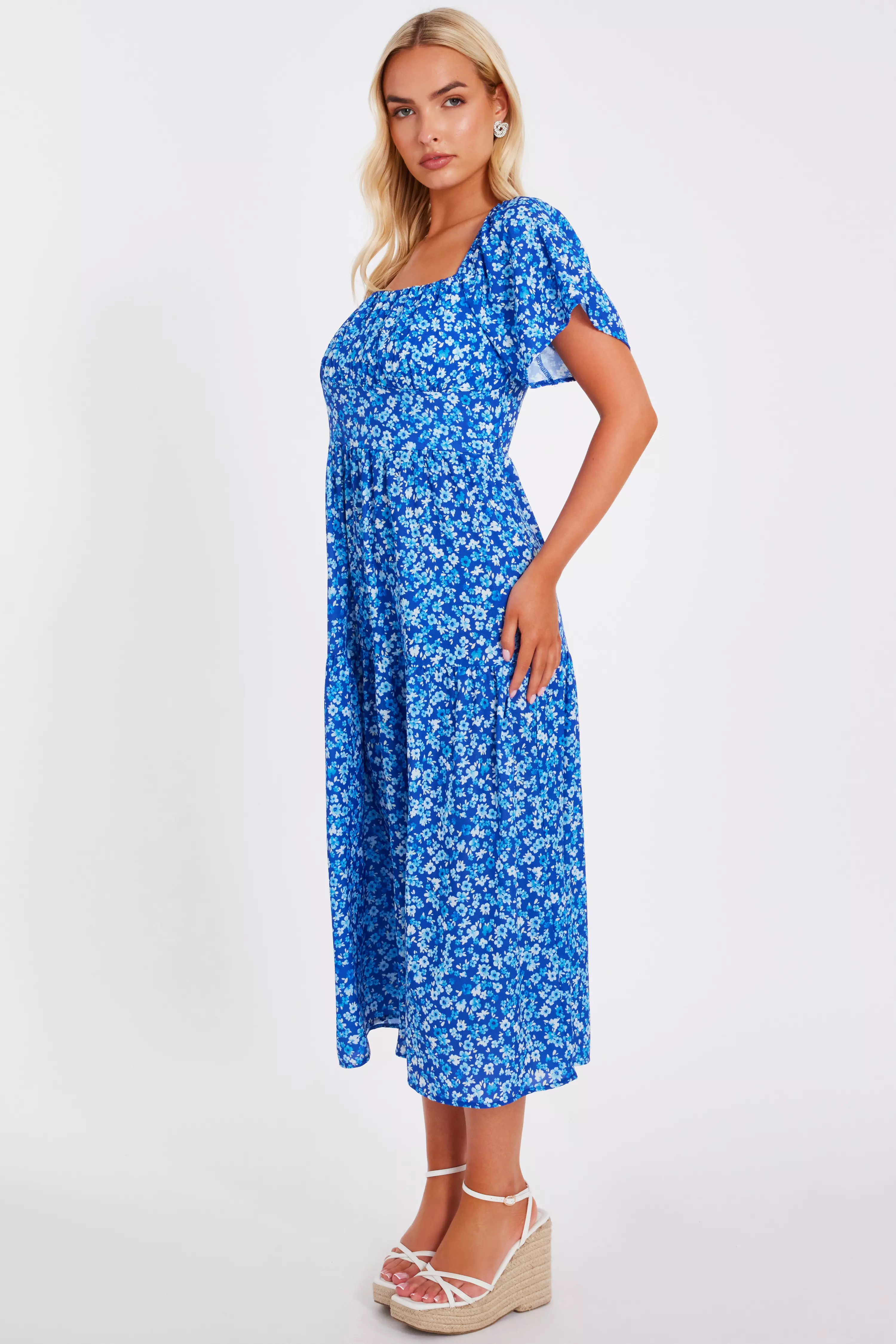 Blue Floral Print Midi Dress