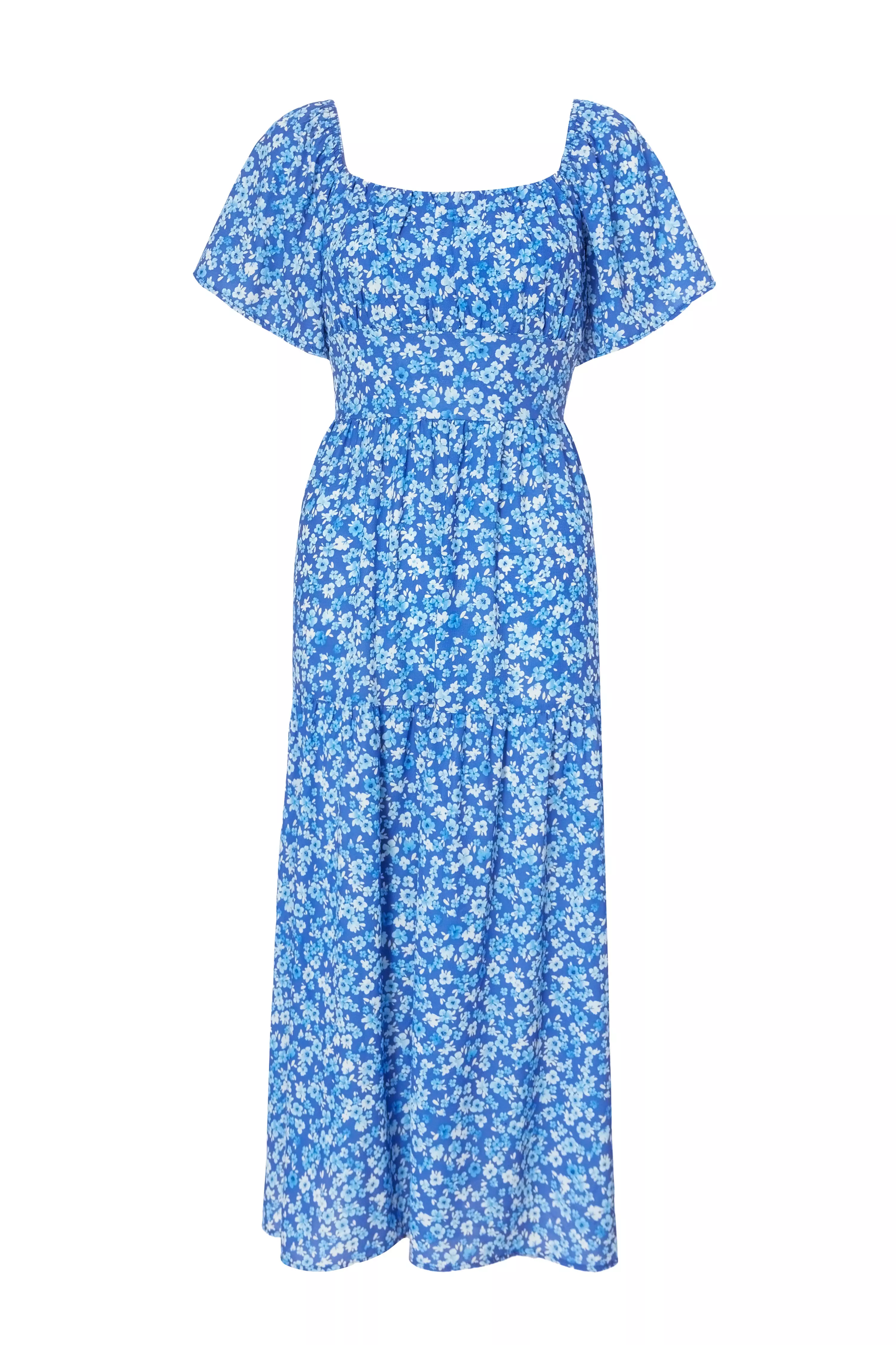 Blue Floral Print Midi Dress
