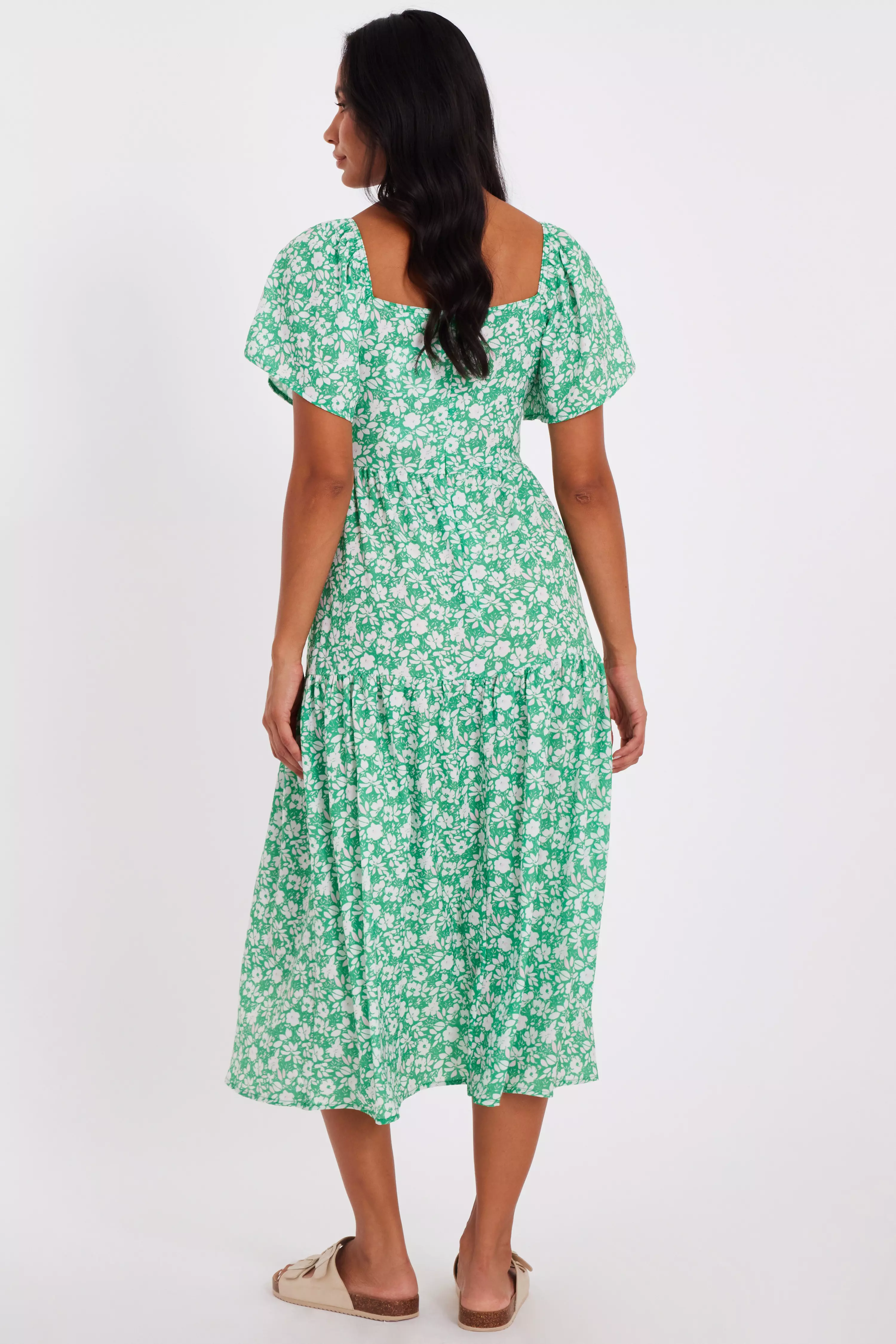 Green Floral Print Midi Dress
