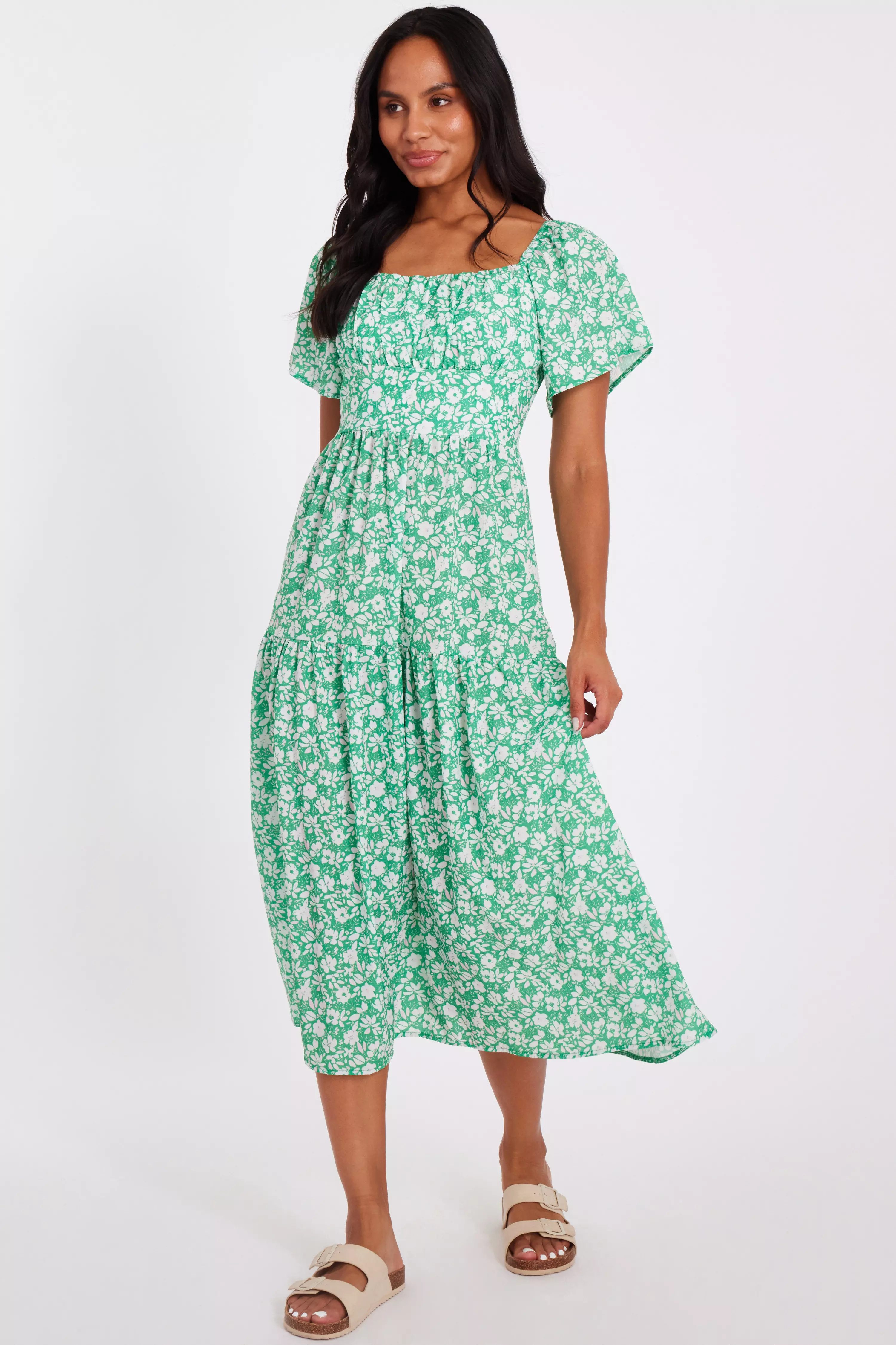 Green Floral Print Midi Dress
