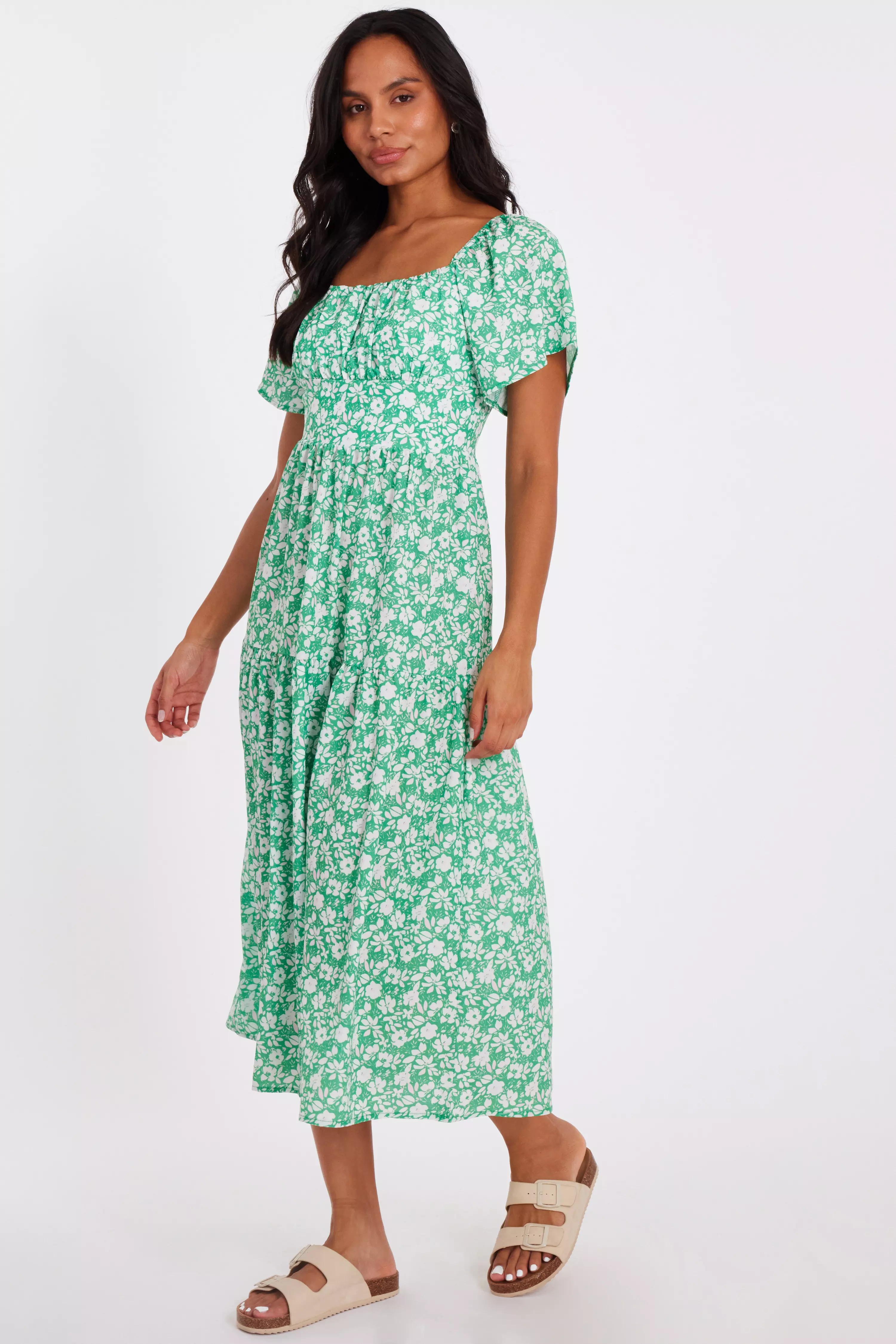 Green Floral Print Midi Dress
