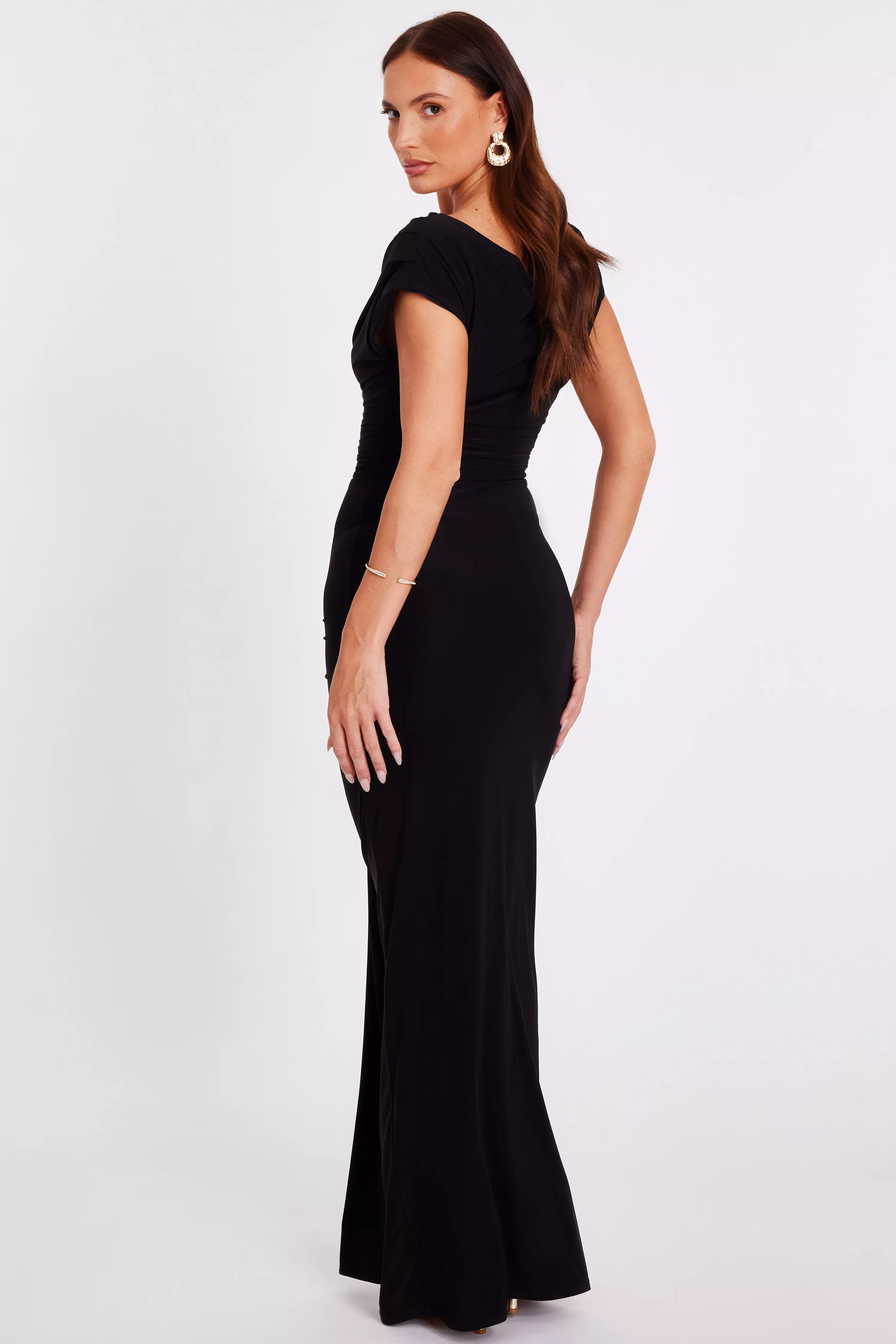 Black Off Shoulder Ruched Maxi Dress