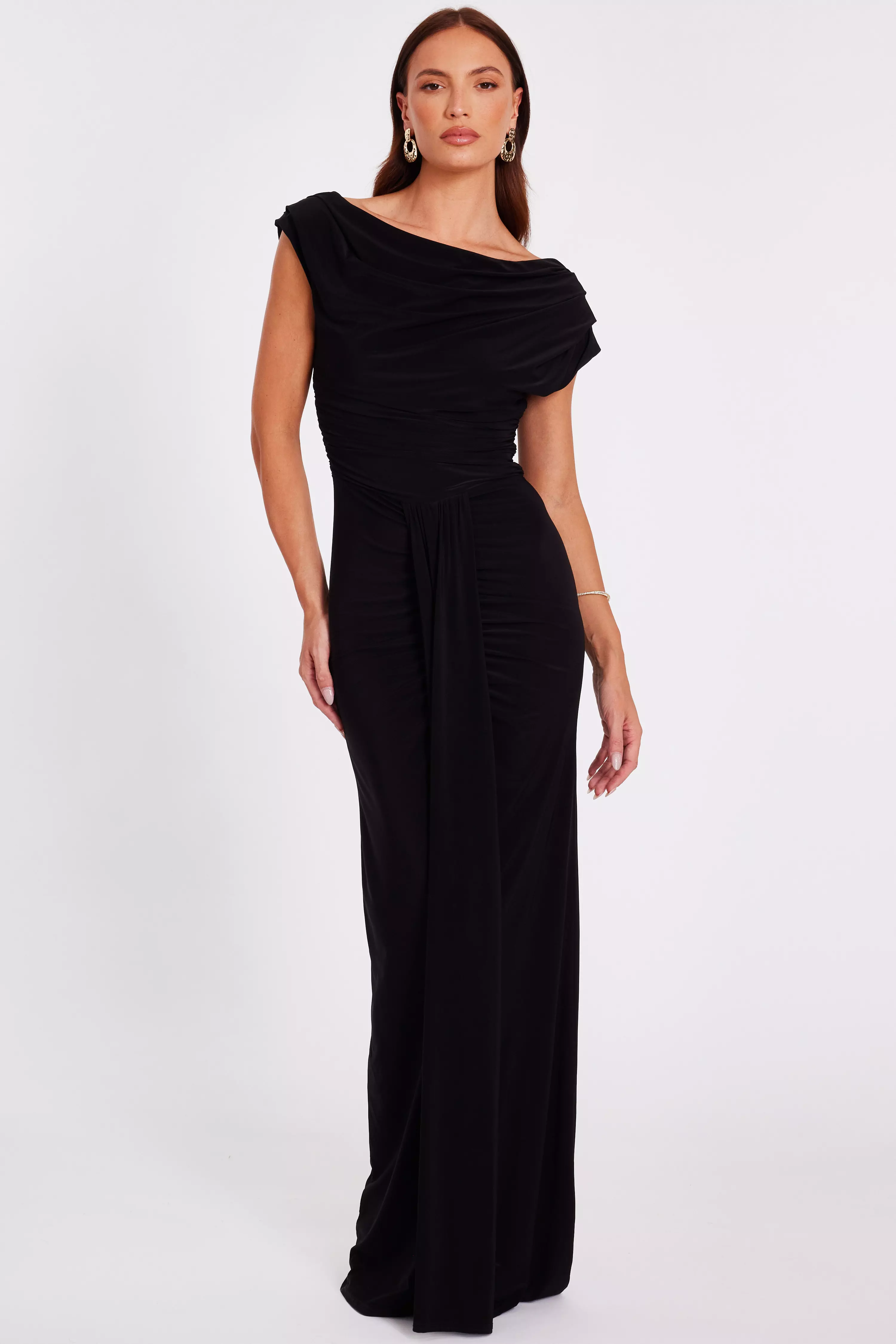 Black Off Shoulder Ruched Maxi Dress