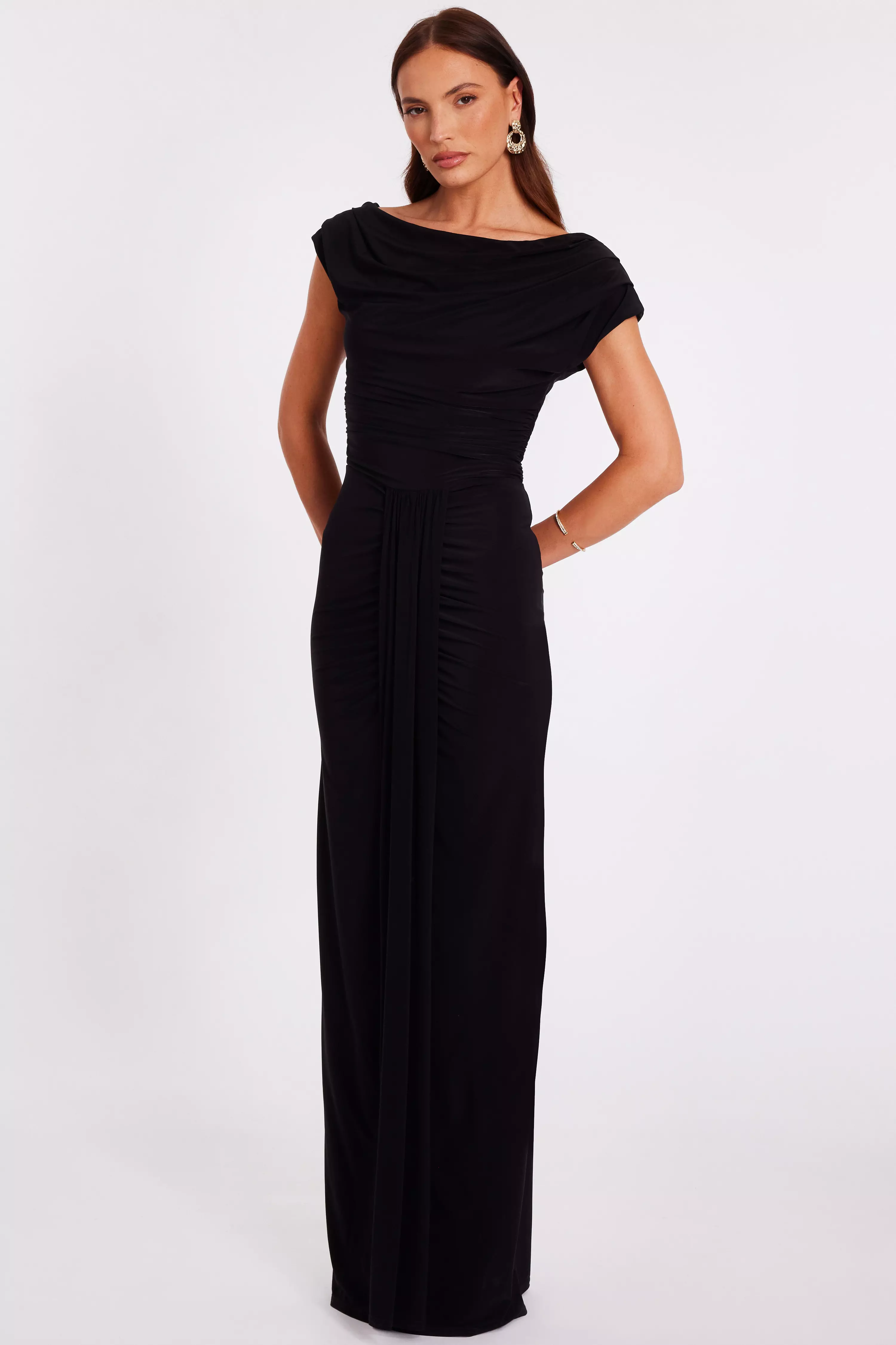 Black Off Shoulder Ruched Maxi Dress