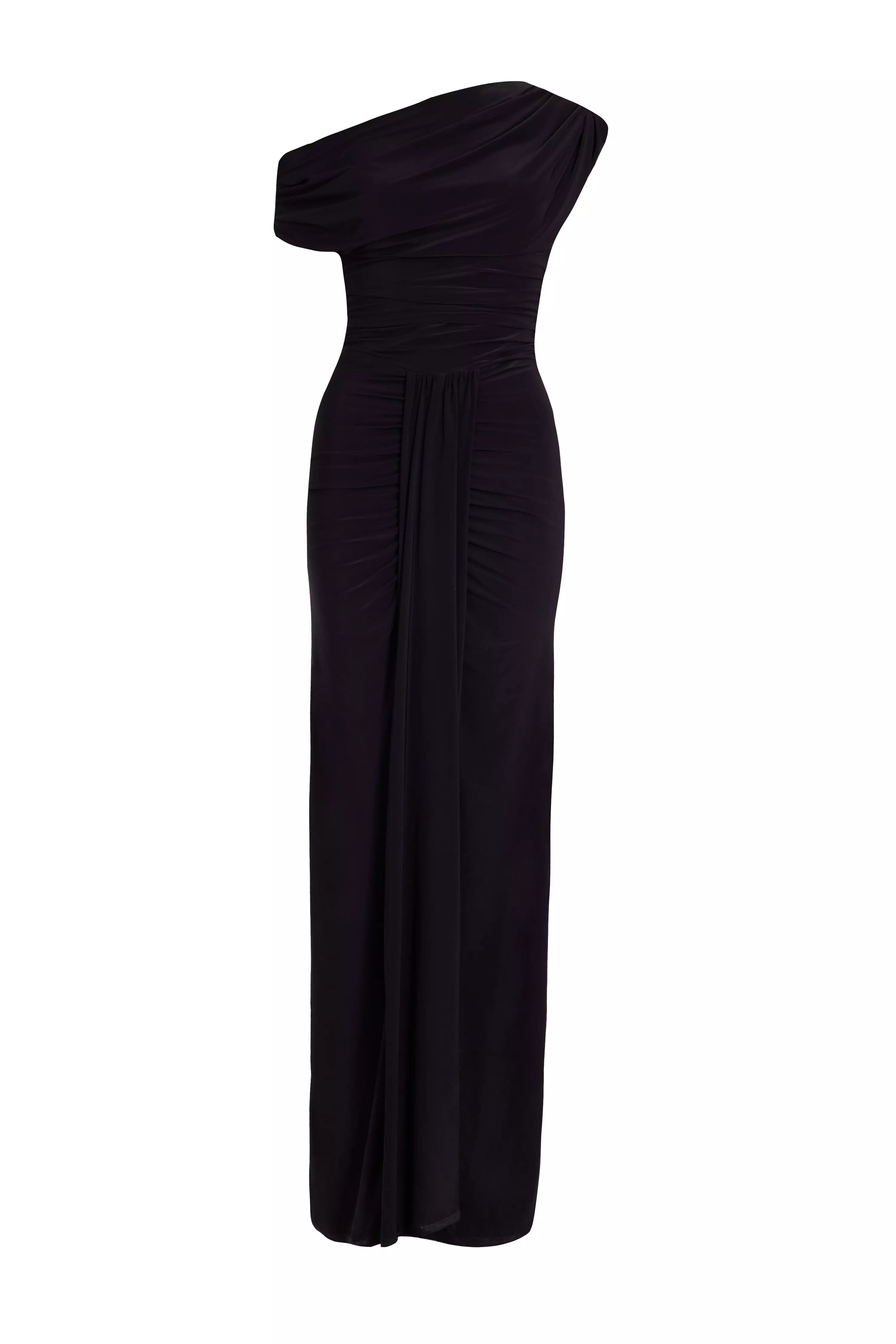 Black Off Shoulder Ruched Maxi Dress