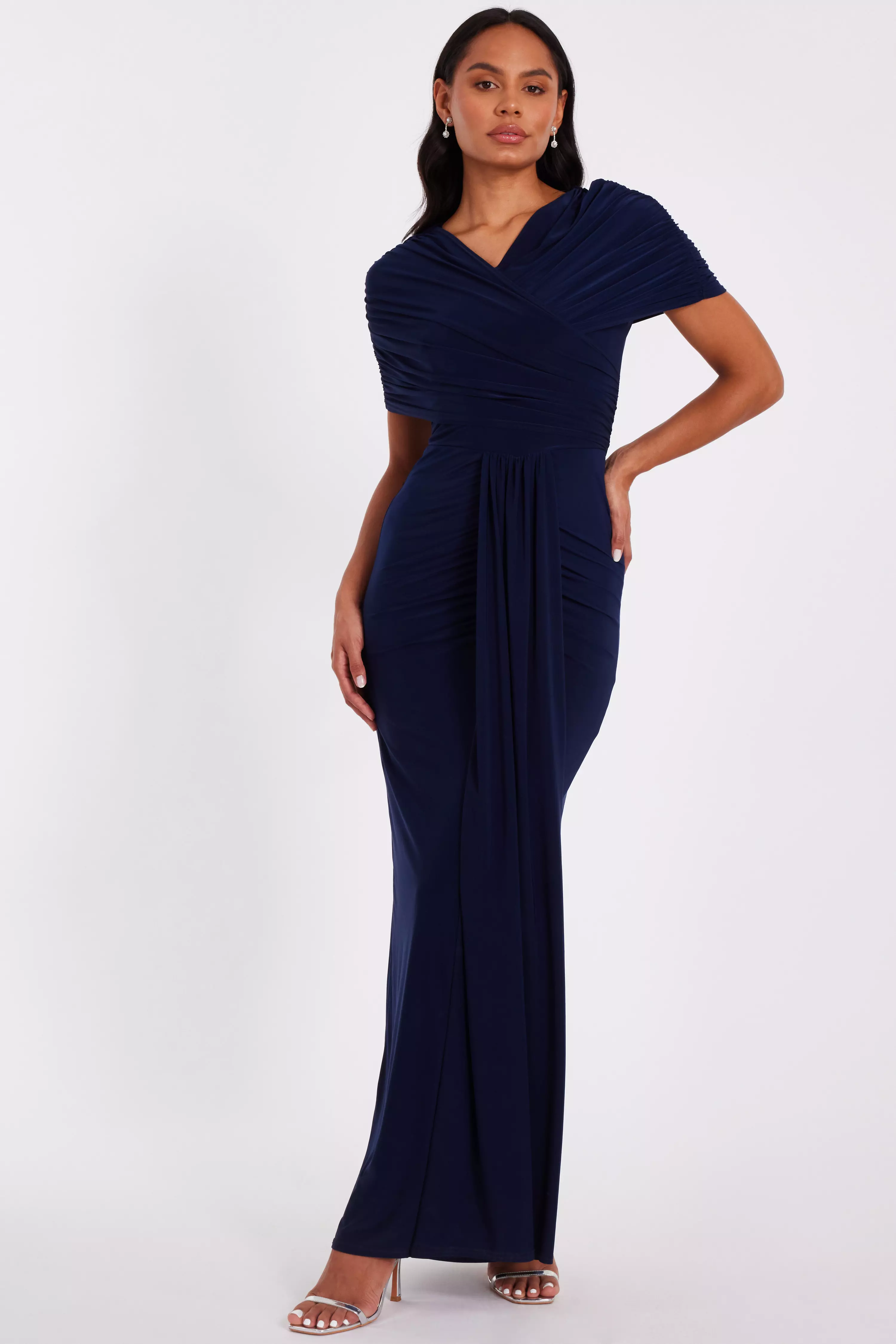 Navy Cross Front Ruched Maxi Dress