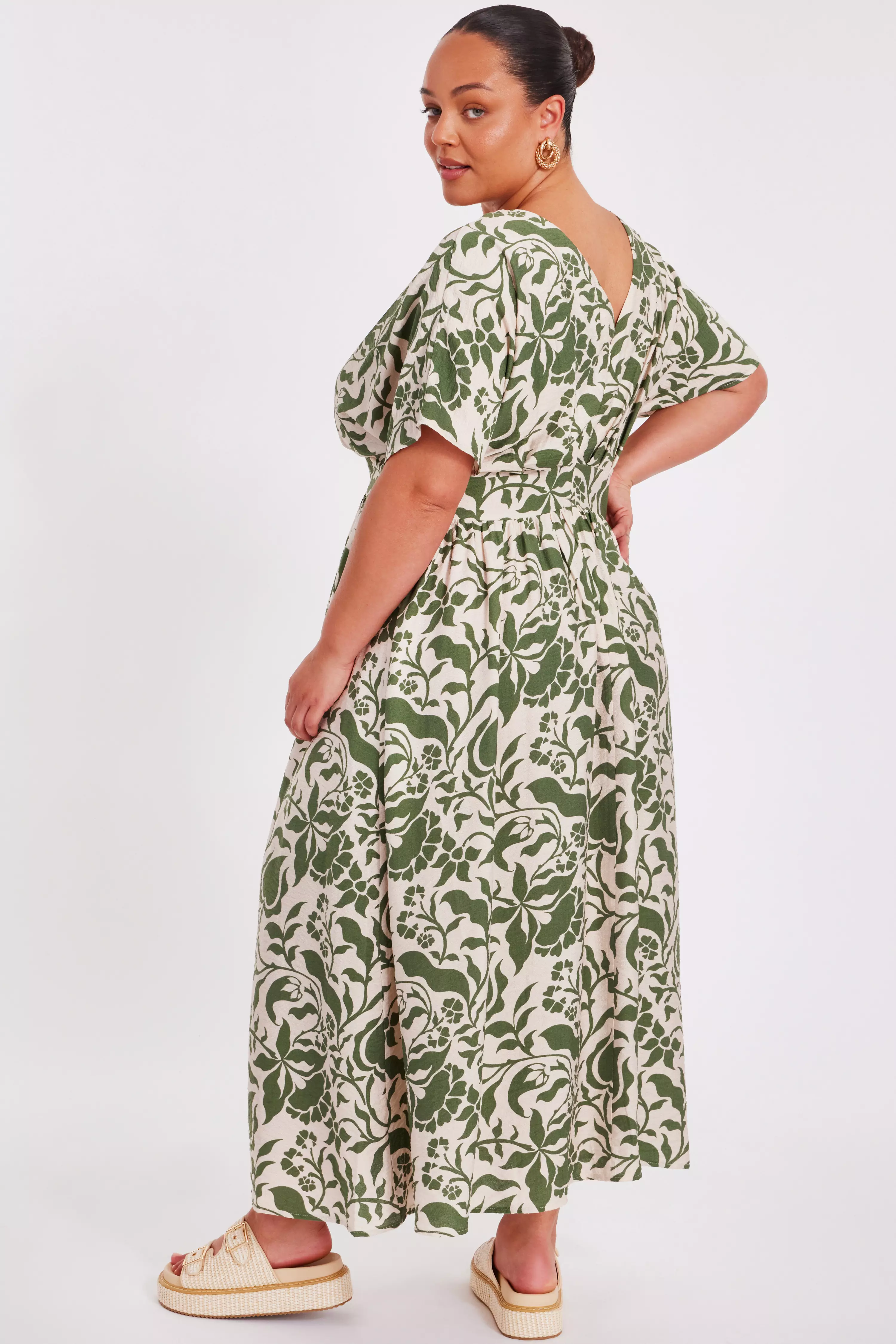 Curve Khaki Tropical Print Midaxi Dress