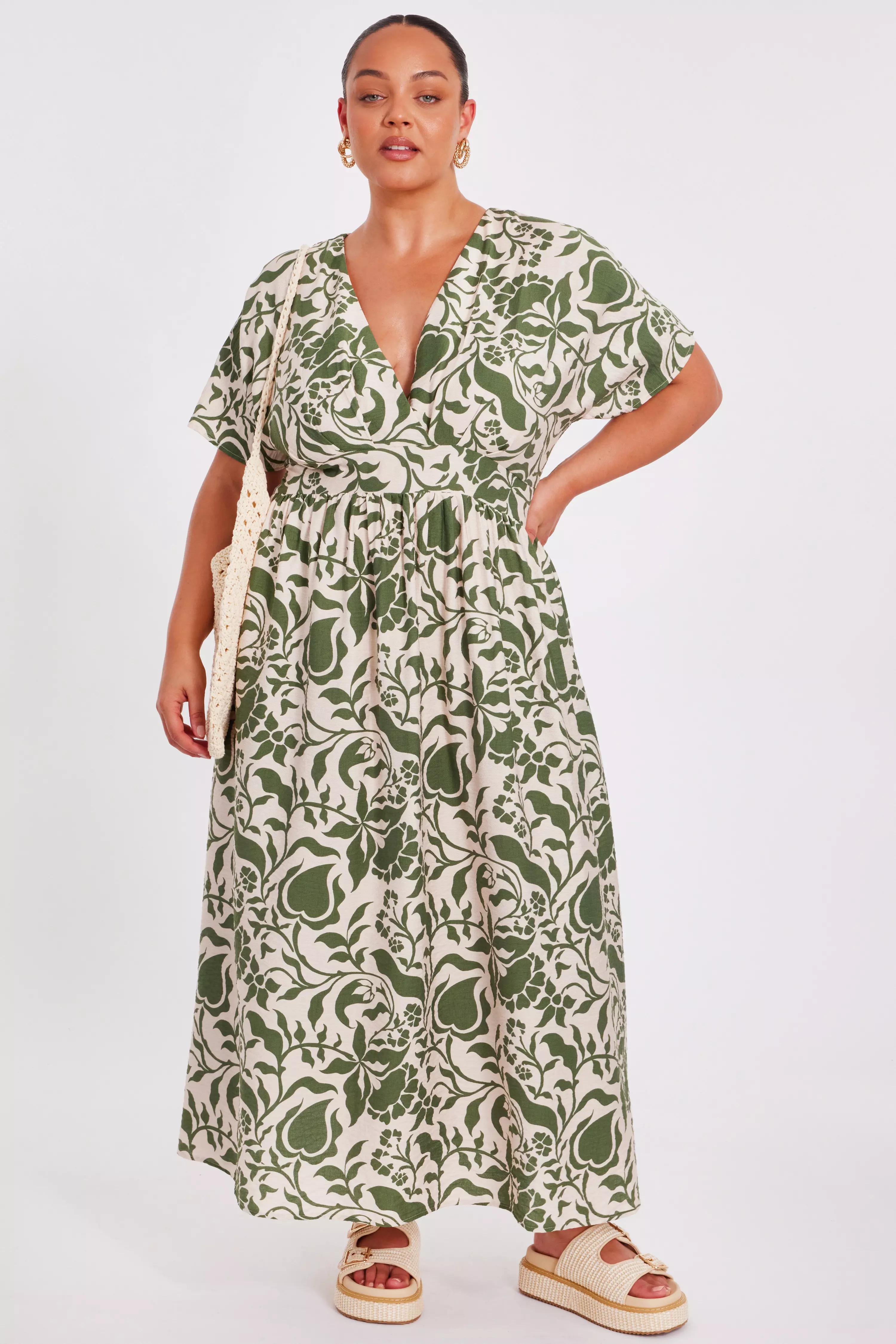 Curve Khaki Tropical Print Midaxi Dress